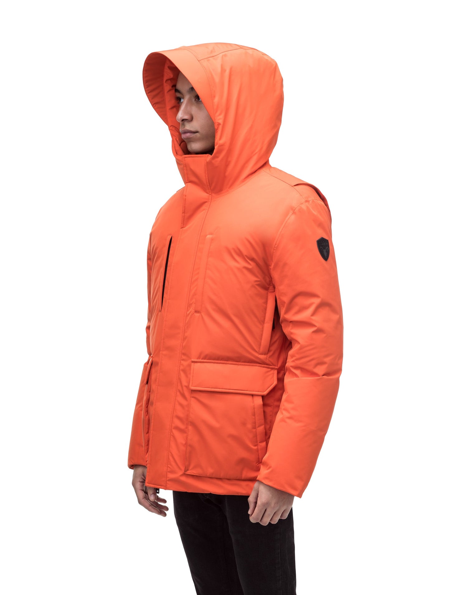 Geo Men's Short Parka in hip length, Canadian duck down insulation, non-removable hood, and two-way zipper, in Terracotta