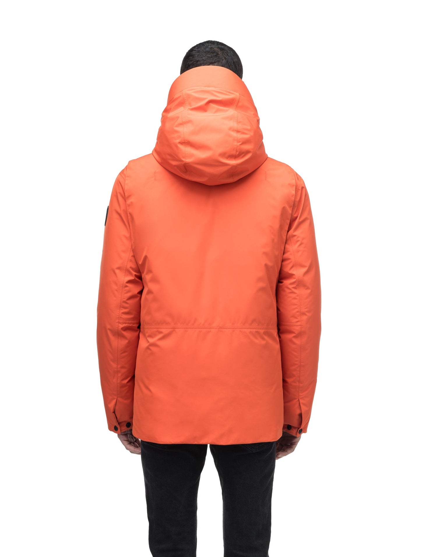 Geo Men's Short Parka in hip length, Canadian duck down insulation, non-removable hood, and two-way zipper, in Terracotta