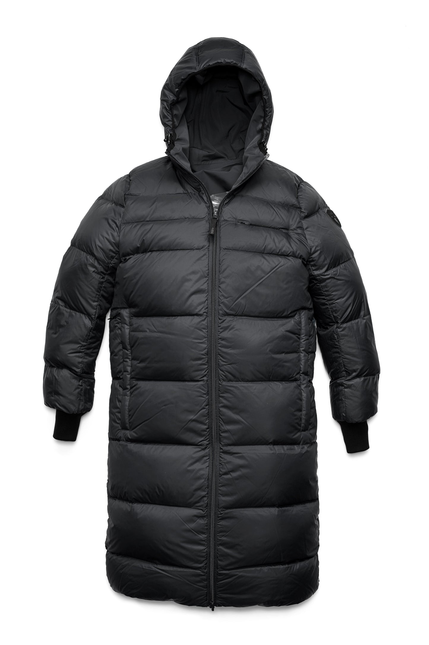 Ladies knee length reversible down-filled parka with non-removable hood in Black