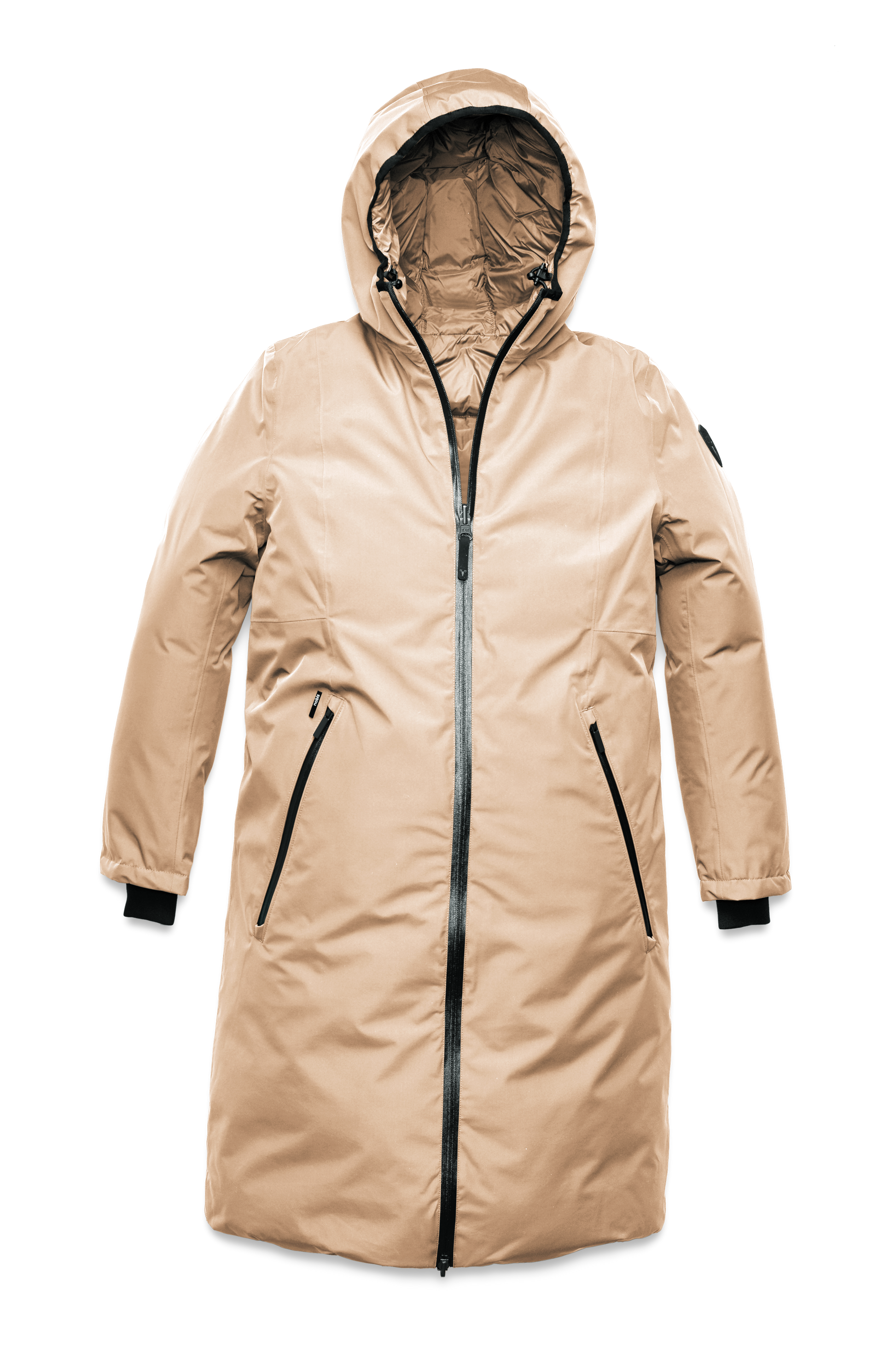 Ladies knee length reversible down-filled parka with non-removable hood in Fawn