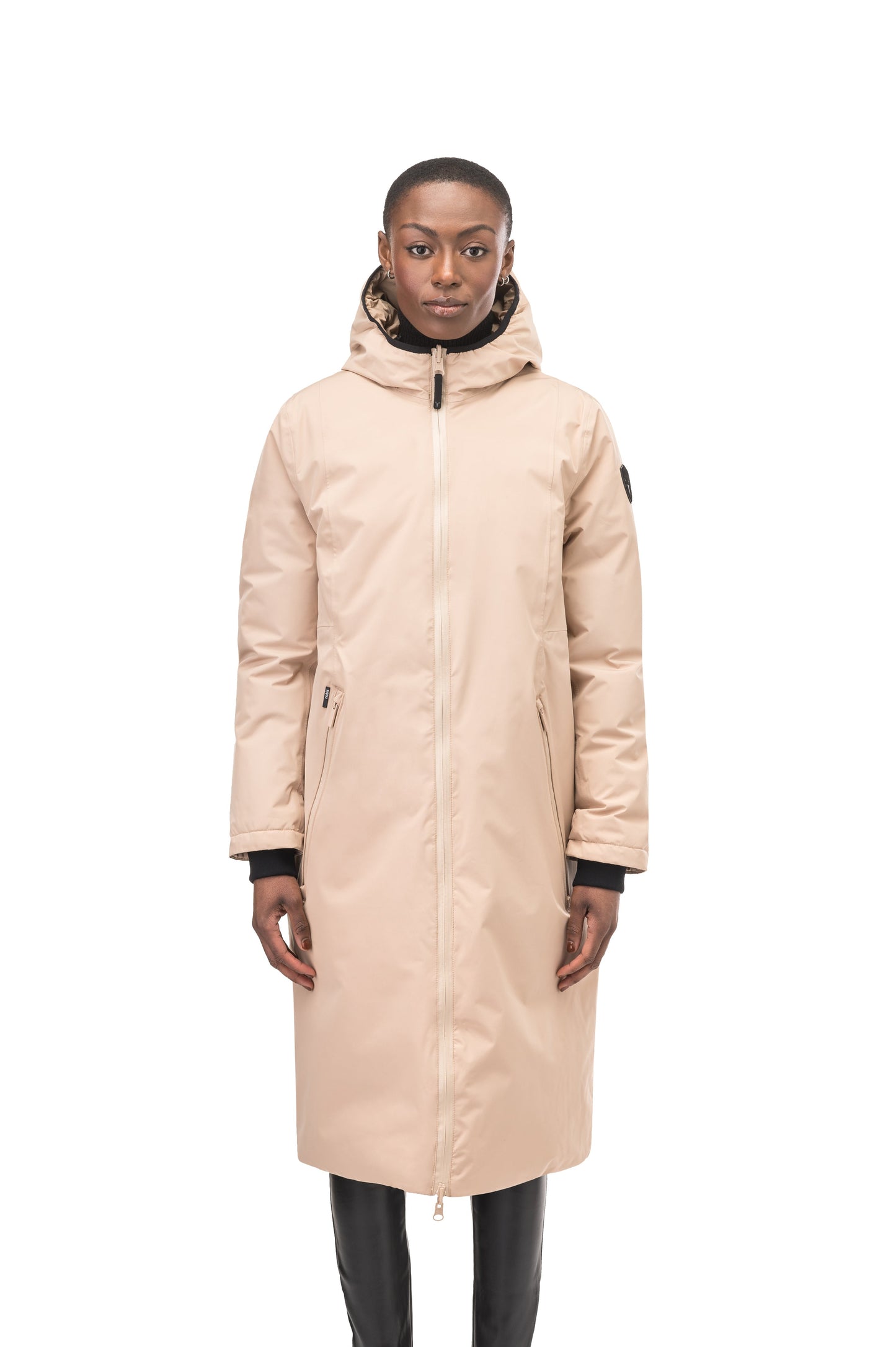 Ladies knee length reversible down-filled parka with non-removable hood in Fawn