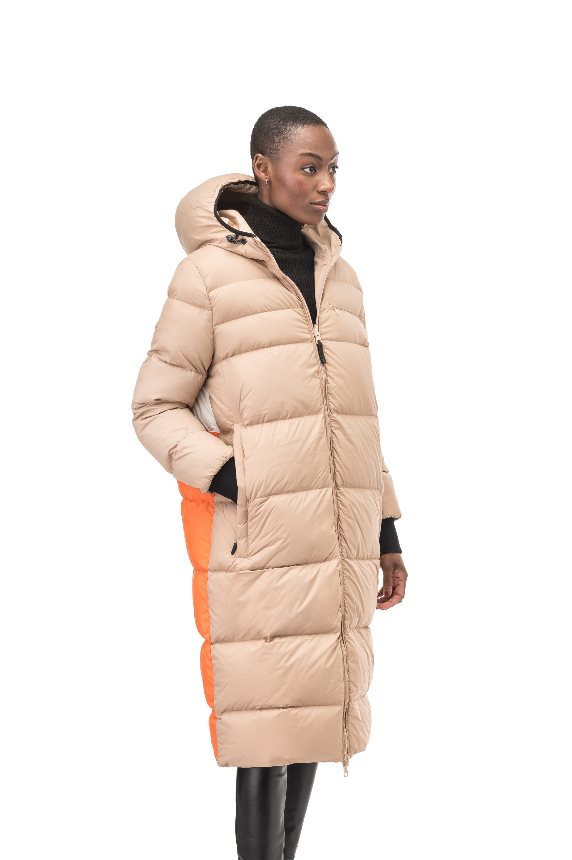 Ladies knee length reversible down-filled parka with non-removable hood in Fawn