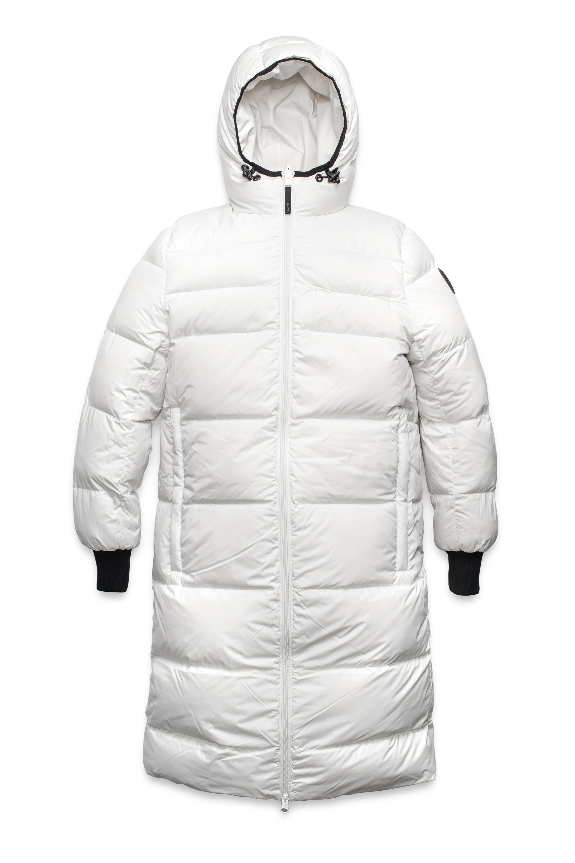 Ladies knee length reversible down-filled parka with non-removable hood in Chalk