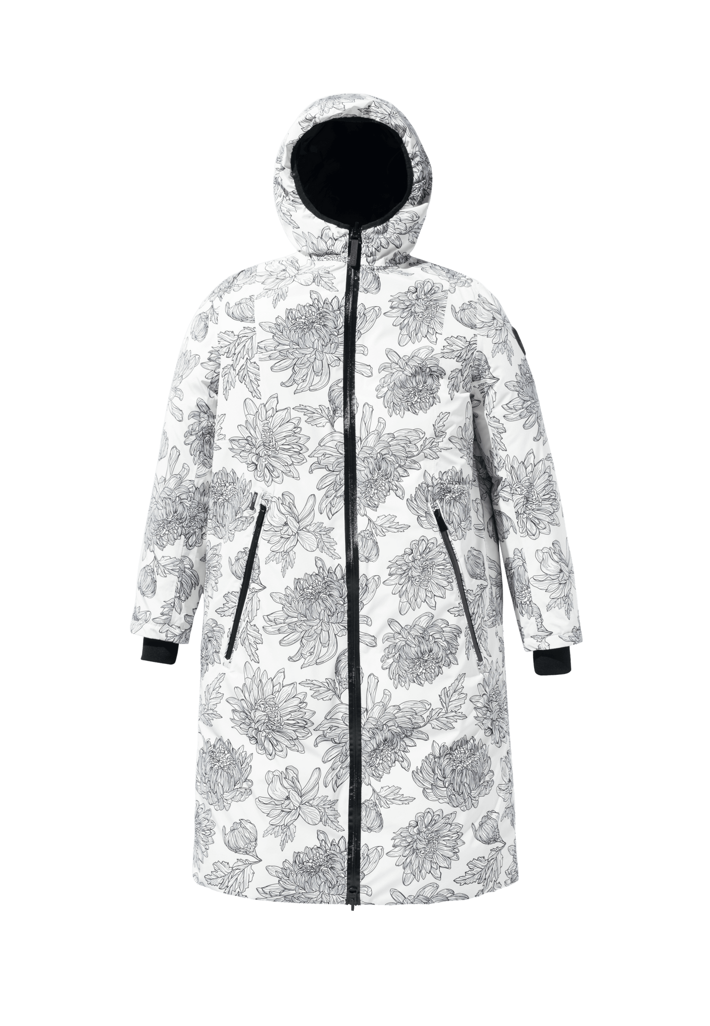 Ladies knee length reversible down-filled parka with non-removable hood in White Floral