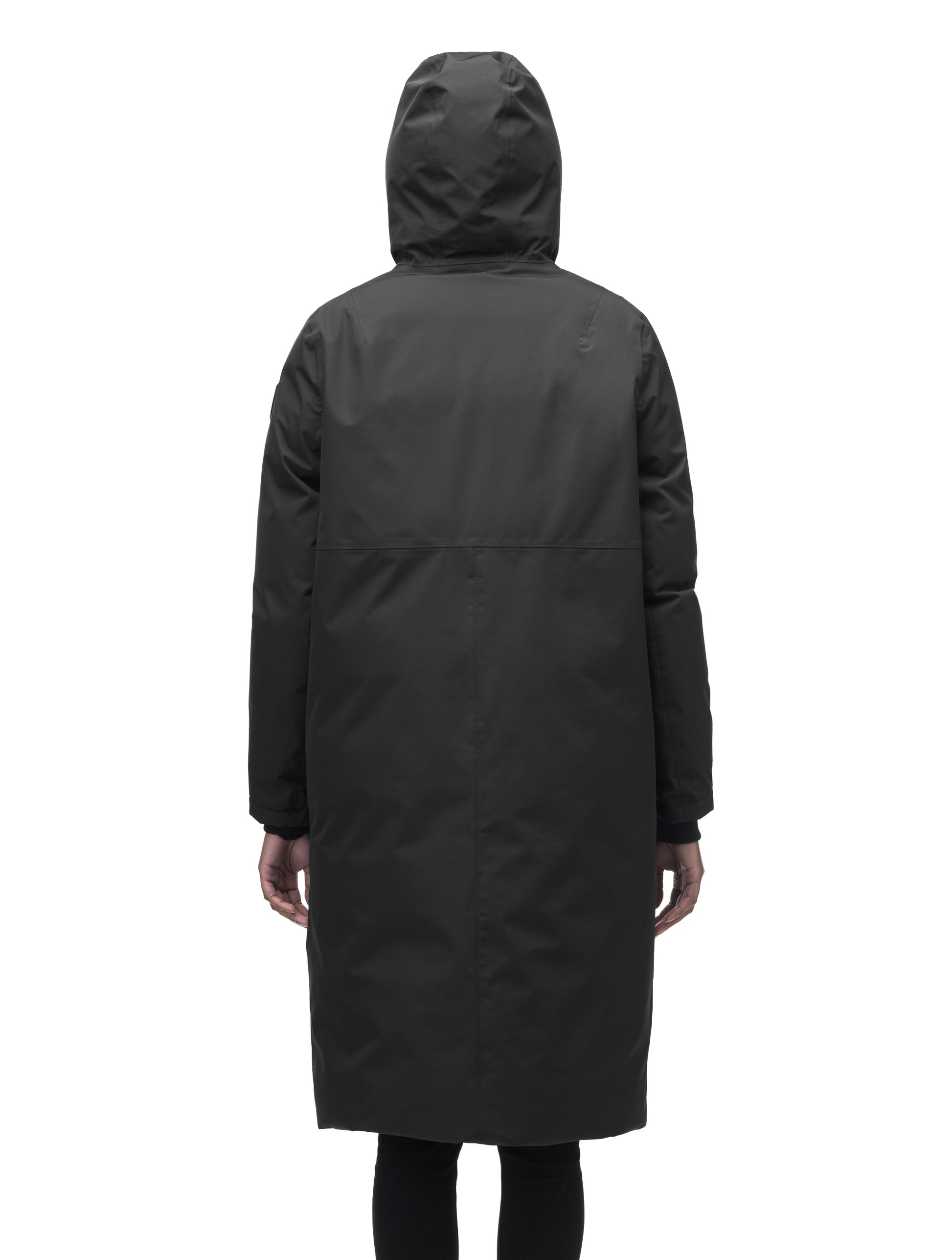 Ladies knee length reversible down-filled parka with non-removable hood in Black