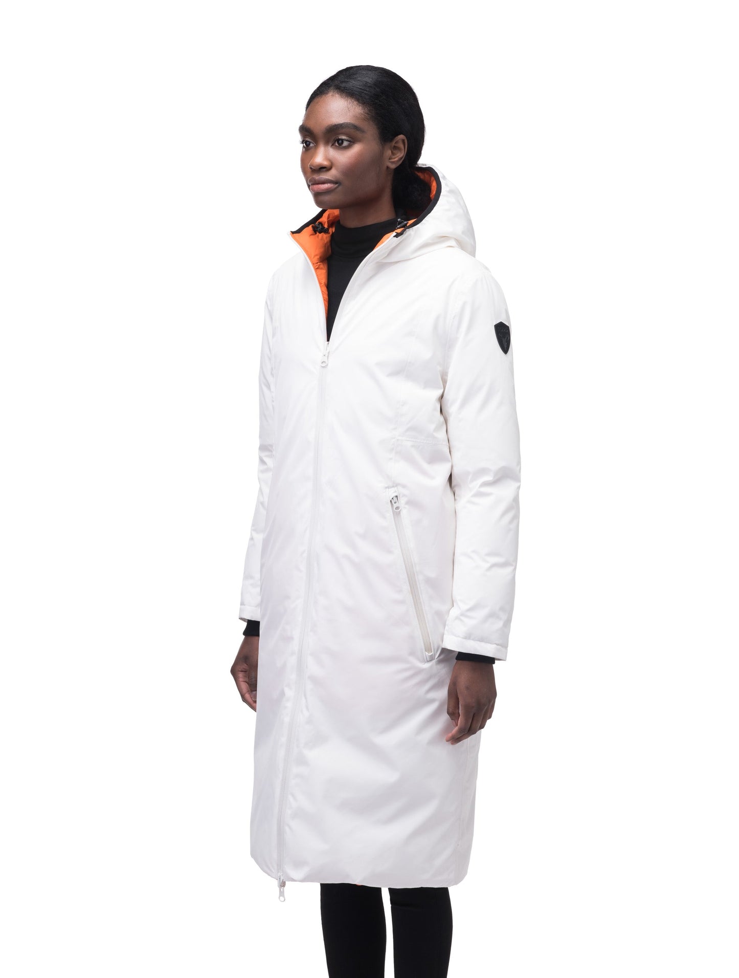 Ladies knee length reversible down-filled parka with non-removable hood in Chalk/Atomic