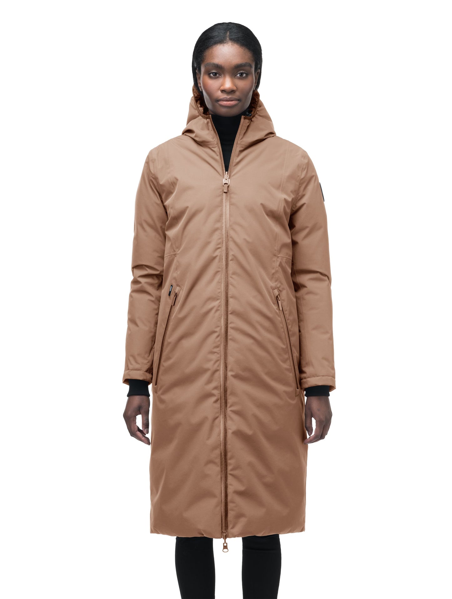 Ladies knee length reversible down-filled parka with non-removable hood in Fawn