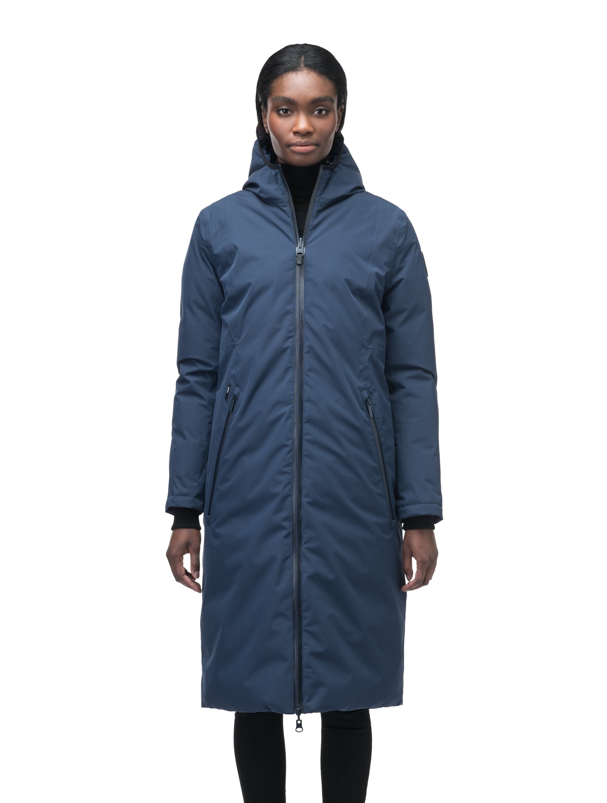 Ladies knee length reversible down-filled parka with non-removable hood in Marine