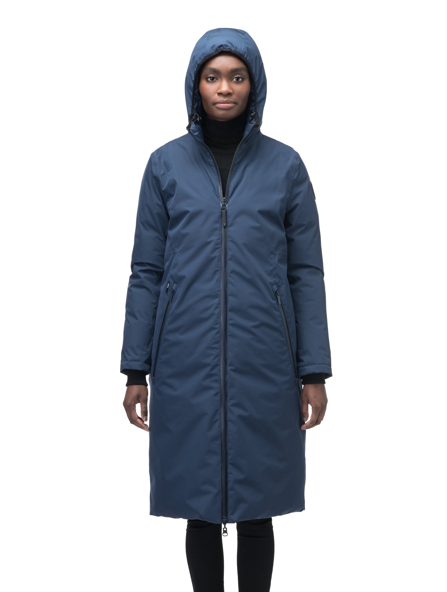 Ladies knee length reversible down-filled parka with non-removable hood in Marine