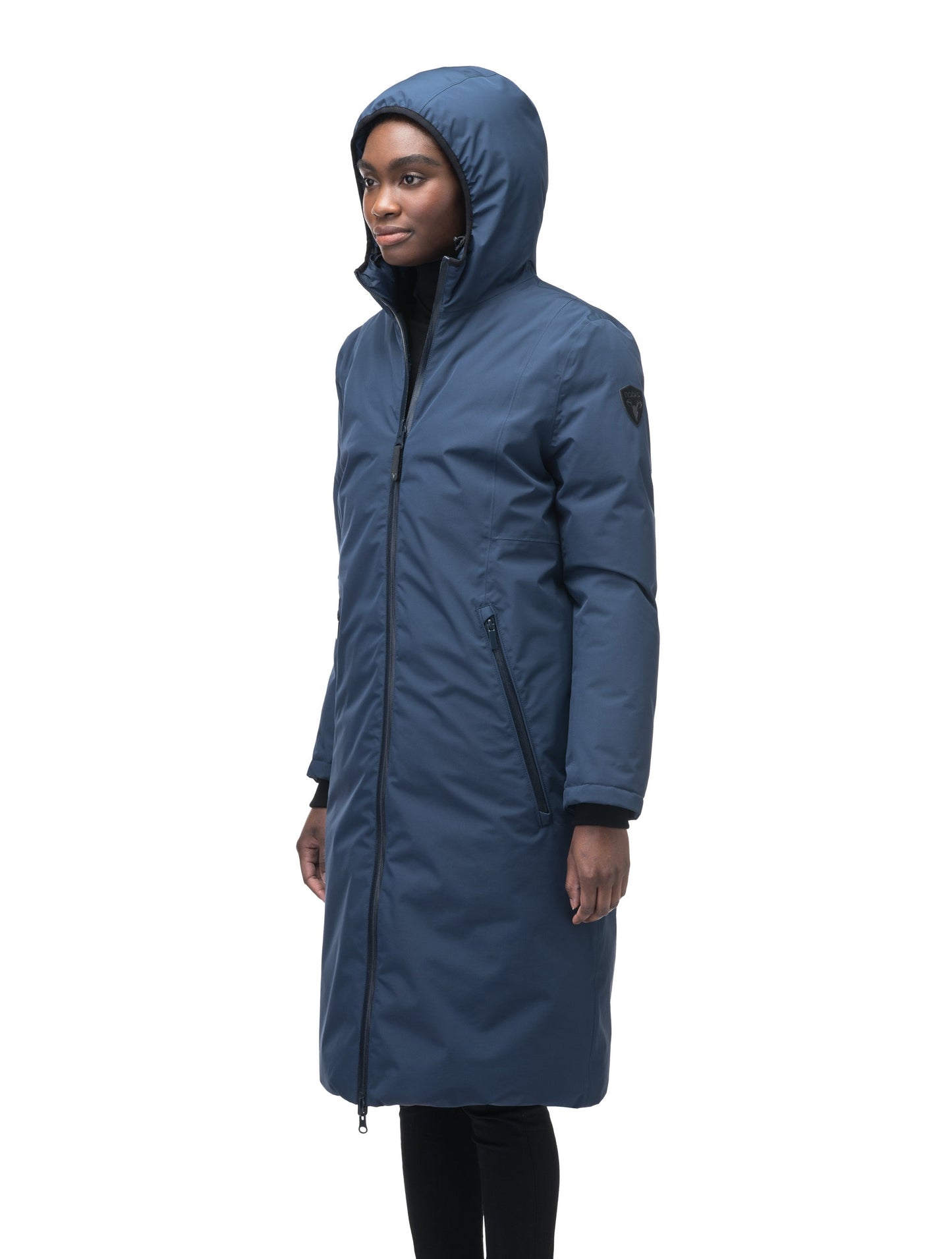 Ladies knee length reversible down-filled parka with non-removable hood in Marine