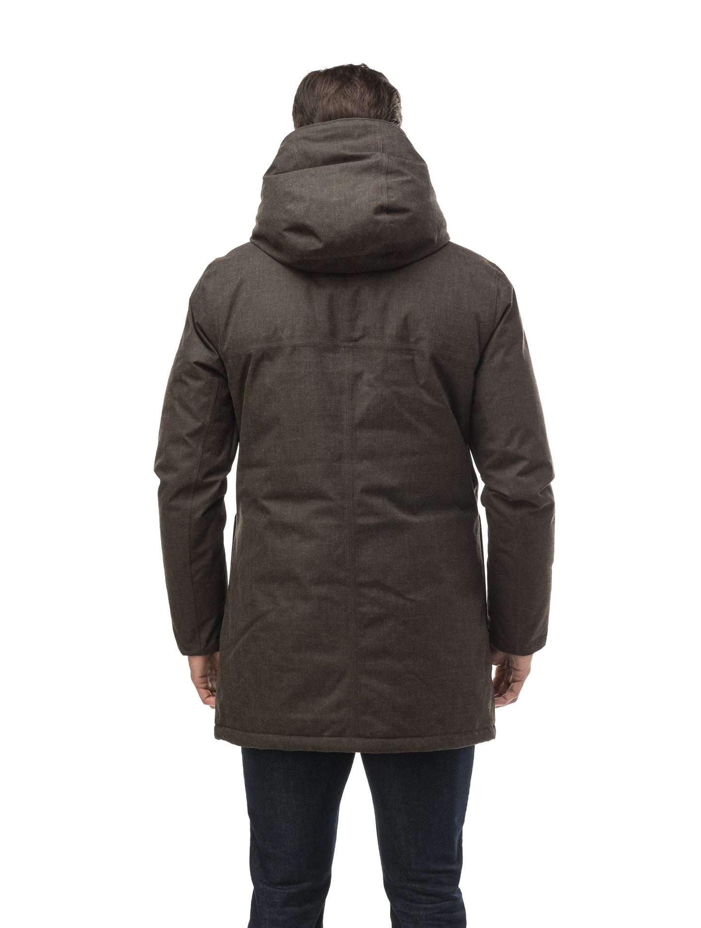 Men's fur free hooded parka with zipper and button closure placket featuring two oversized front pockets in H. Brown