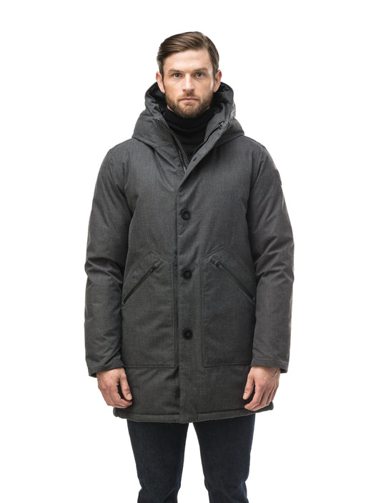 Men's fur free hooded parka with zipper and button closure placket featuring two oversized front pockets in H. Charcoal