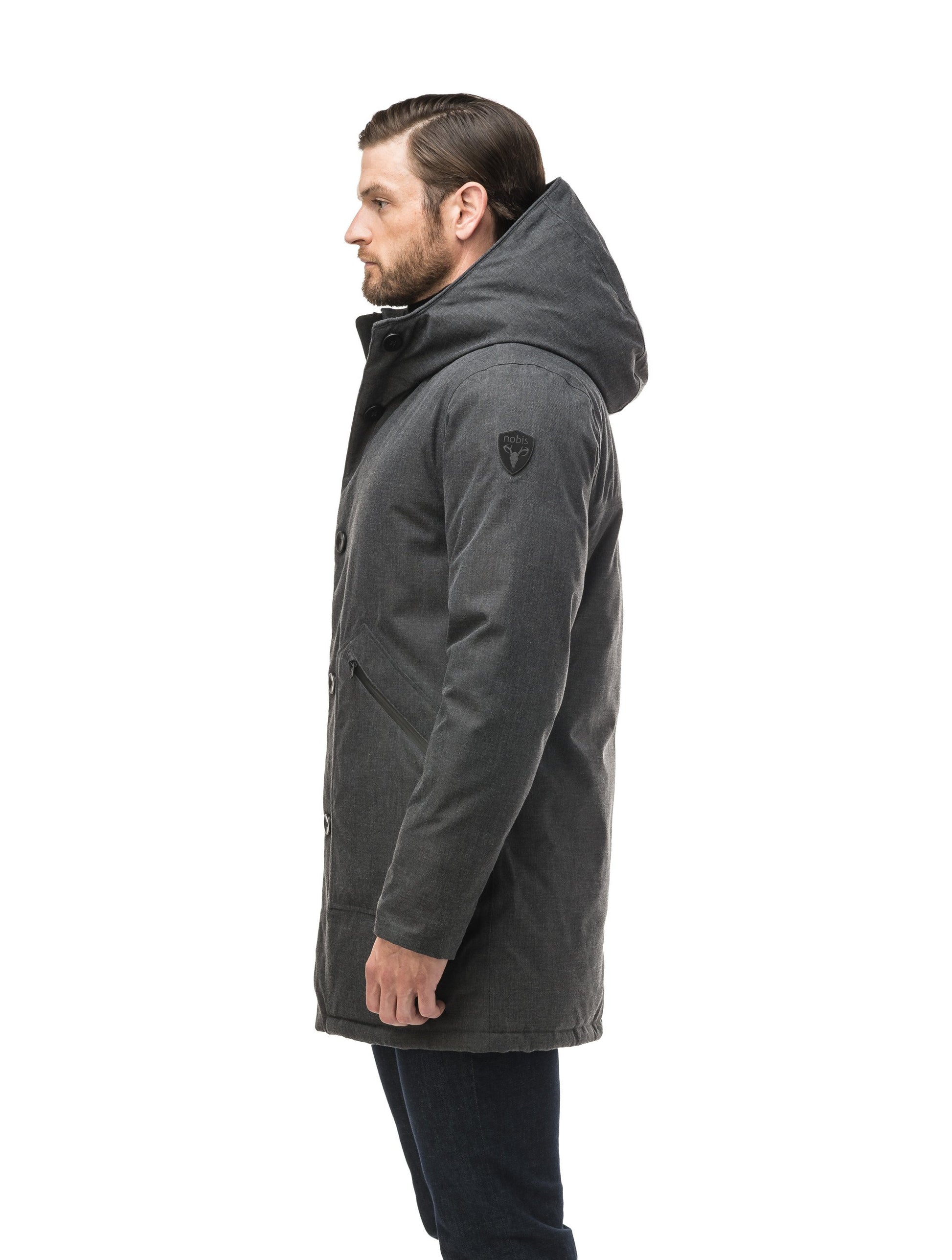 Men's fur free hooded parka with zipper and button closure placket featuring two oversized front pockets in H. Charcoal