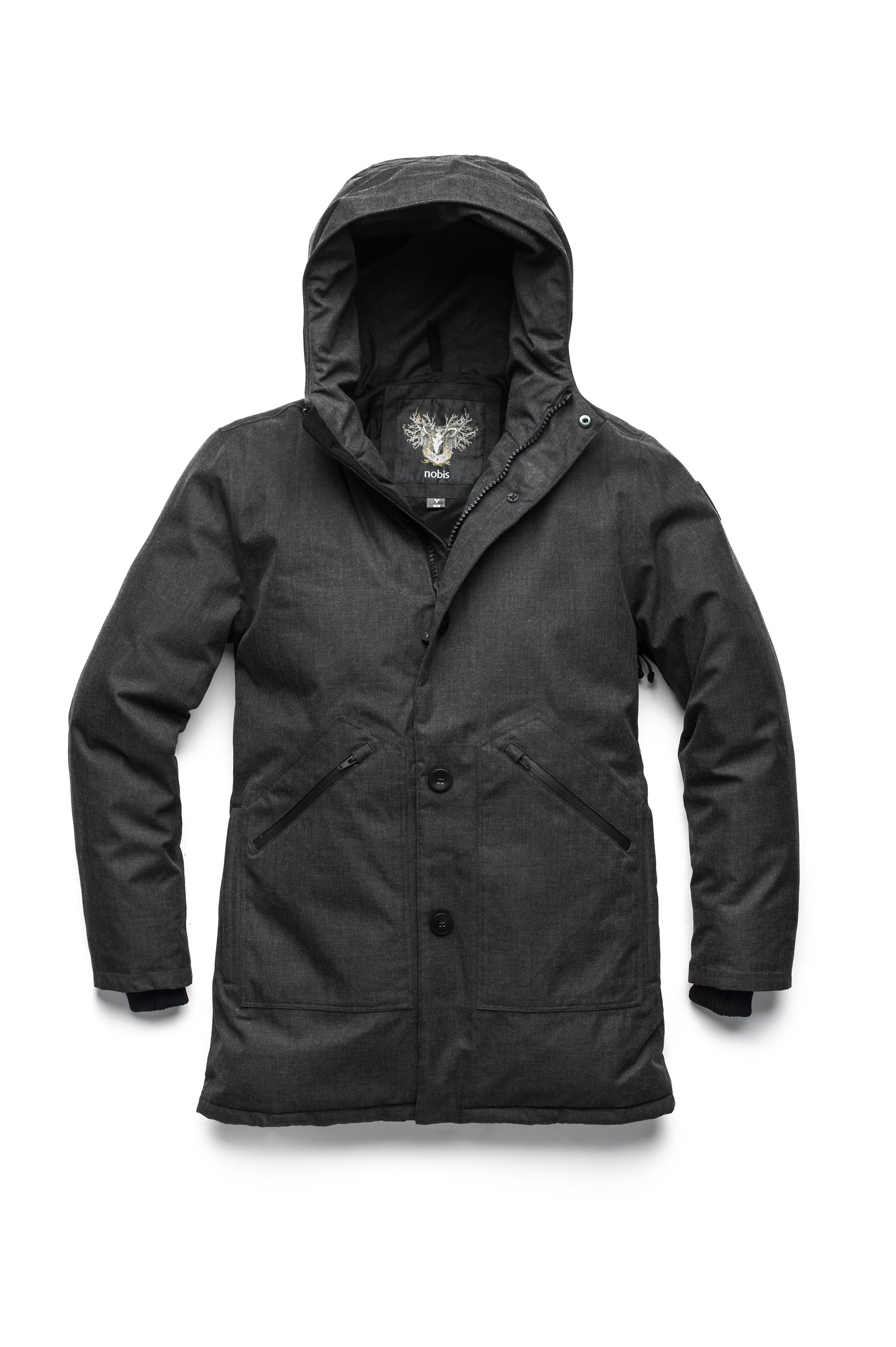 Men's fur free hooded parka with zipper and button closure placket featuring two oversized front pockets in H. Black