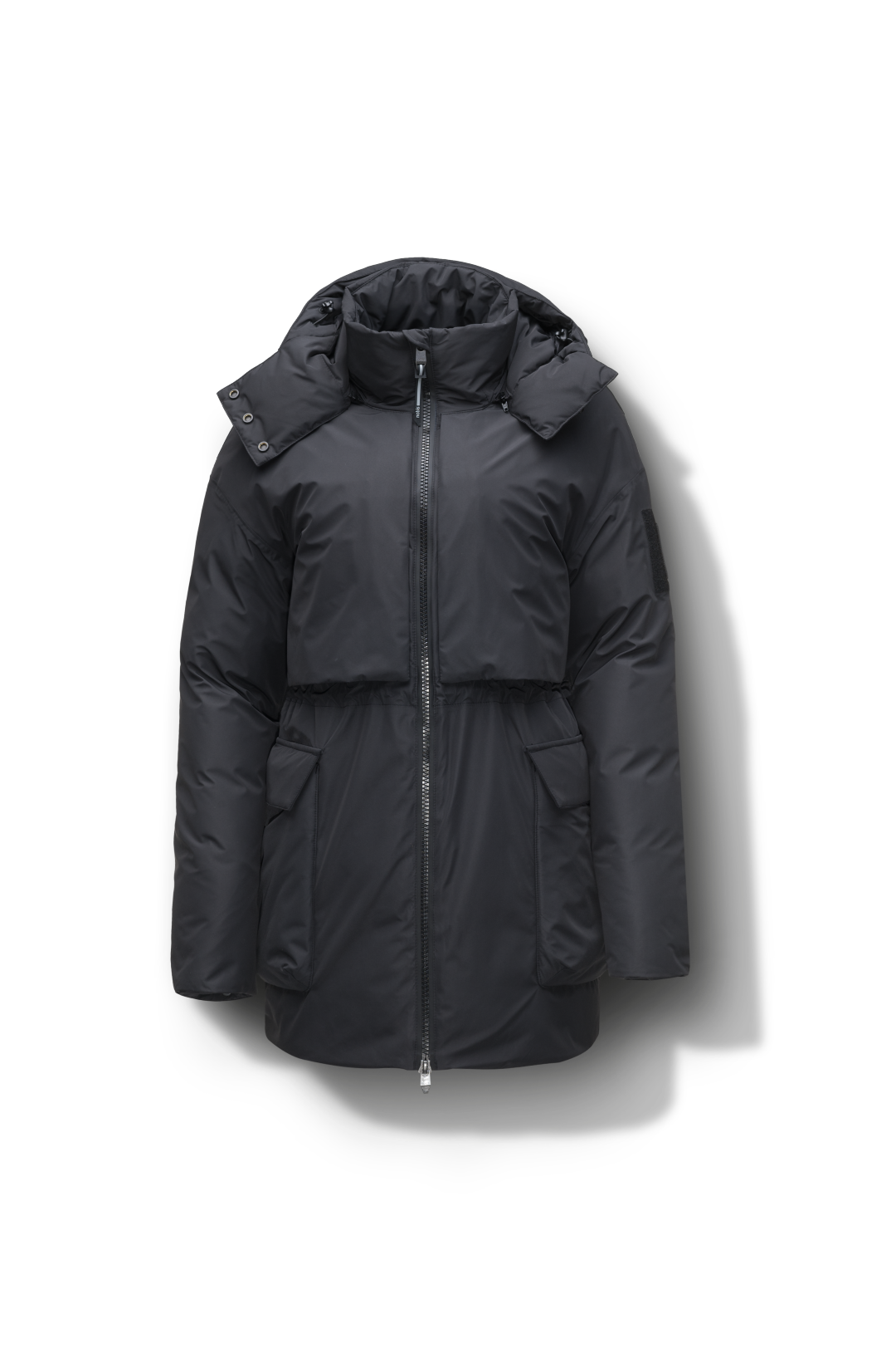 Haelyn Ladies Short Utility Parka in thigh length, 3-Ply Micro Denier fabrication, Premium Canadian White Duck Down insulation, removable down-filled hood, two-way centre front zipper, hidden adjustable cord at waist, adjustable snap cuffs, and four exterior patch pockets at front, in Black