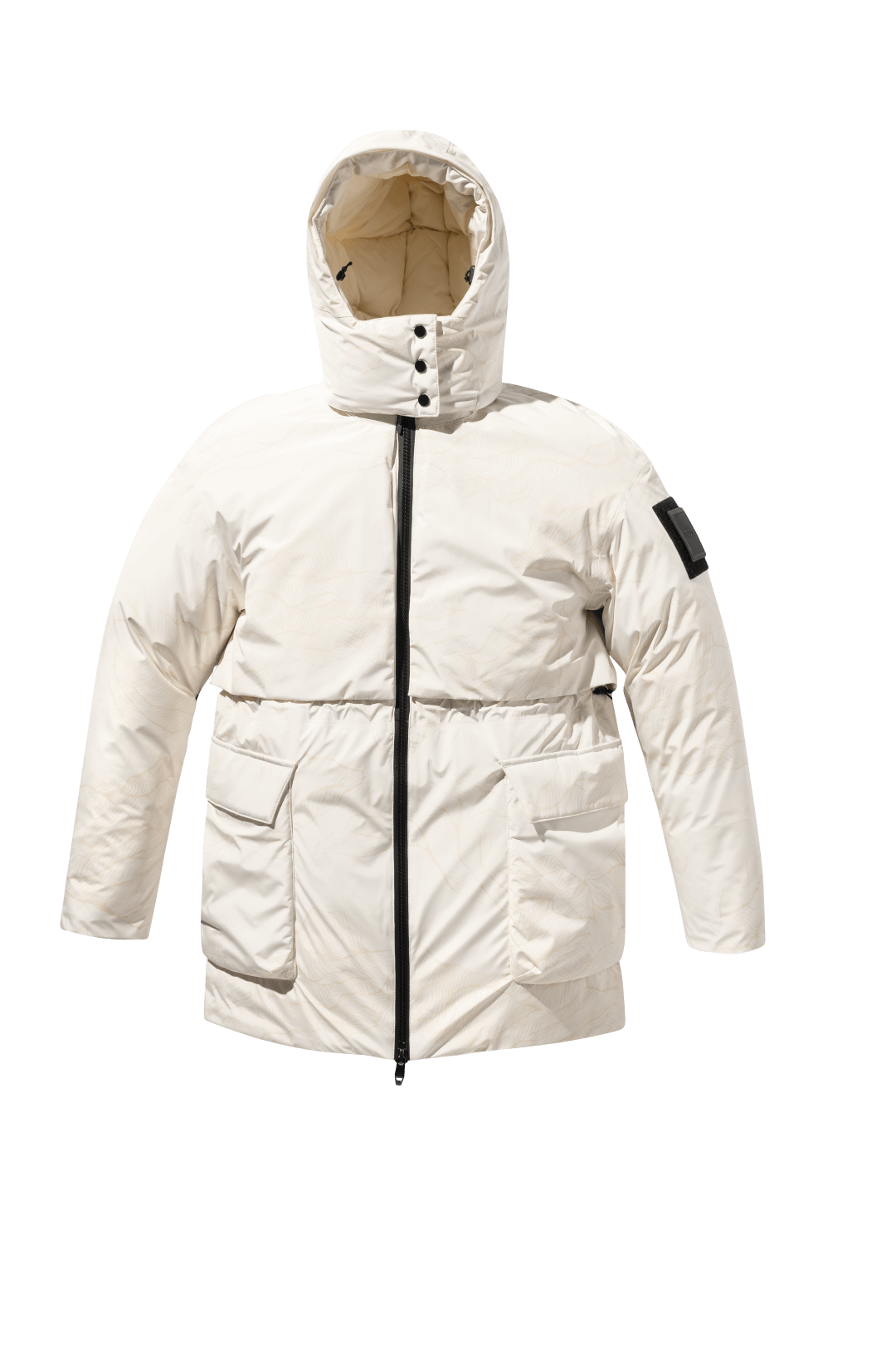 Haelyn Ladies Short Utility Parka in thigh length, 3-Ply Micro Denier fabrication, Premium Canadian White Duck Down insulation, removable down-filled hood, two-way centre front zipper, hidden adjustable cord at waist, adjustable snap cuffs, and four exterior patch pockets at front, in Wheat Desert