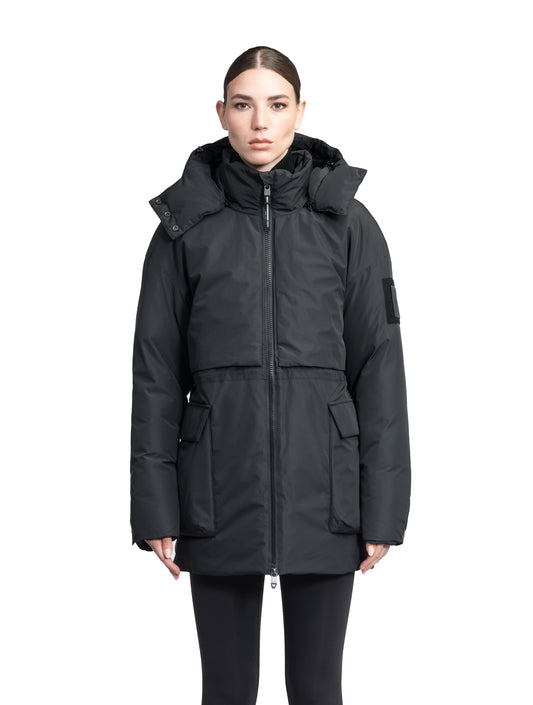 Haelyn Ladies Short Utility Parka in thigh length, 3-Ply Micro Denier fabrication, Premium Canadian White Duck Down insulation, removable down-filled hood, two-way centre front zipper, hidden adjustable cord at waist, adjustable snap cuffs, and four exterior patch pockets at front, in Black