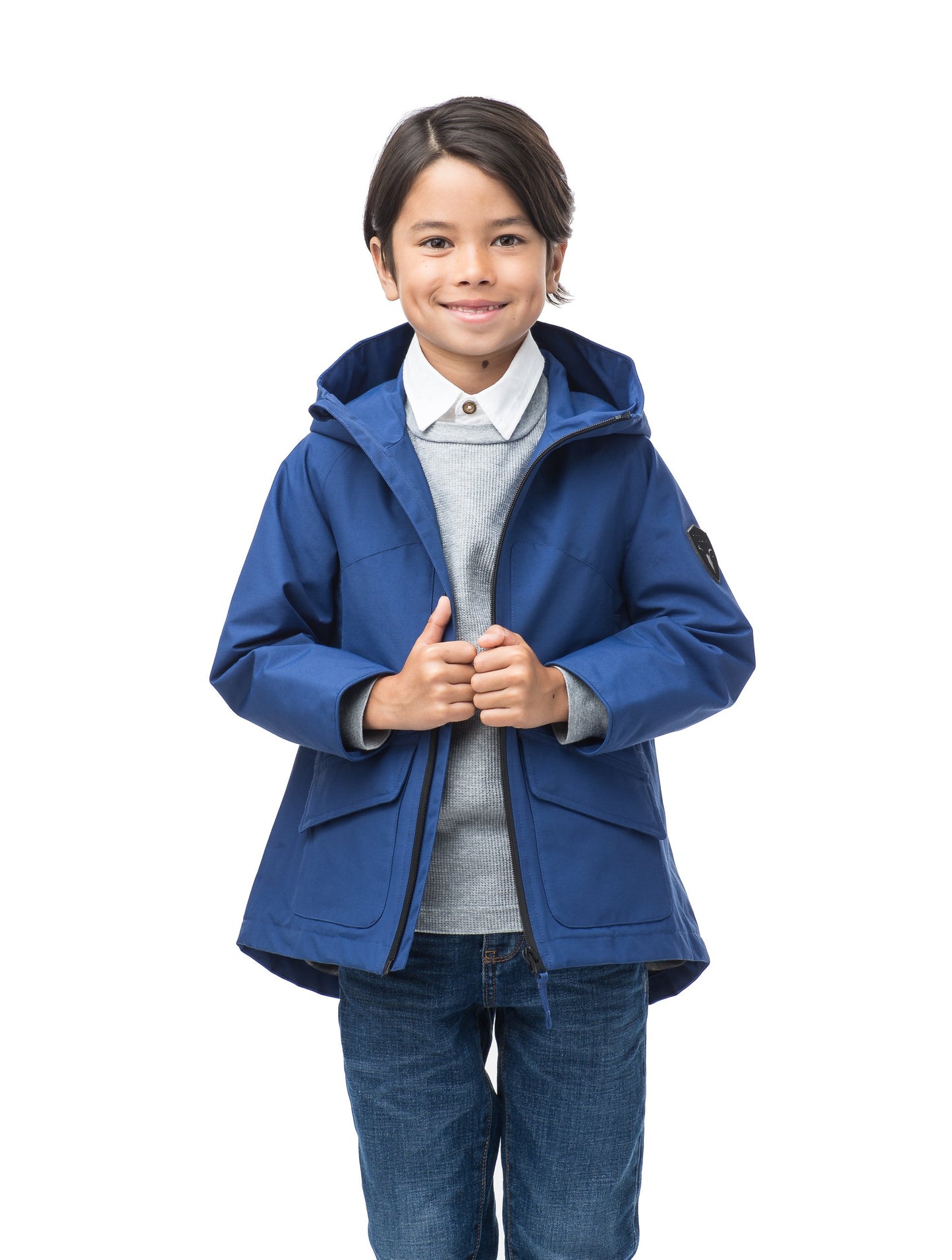 Kid's hip length fishtail rain jacket with hood in Royal