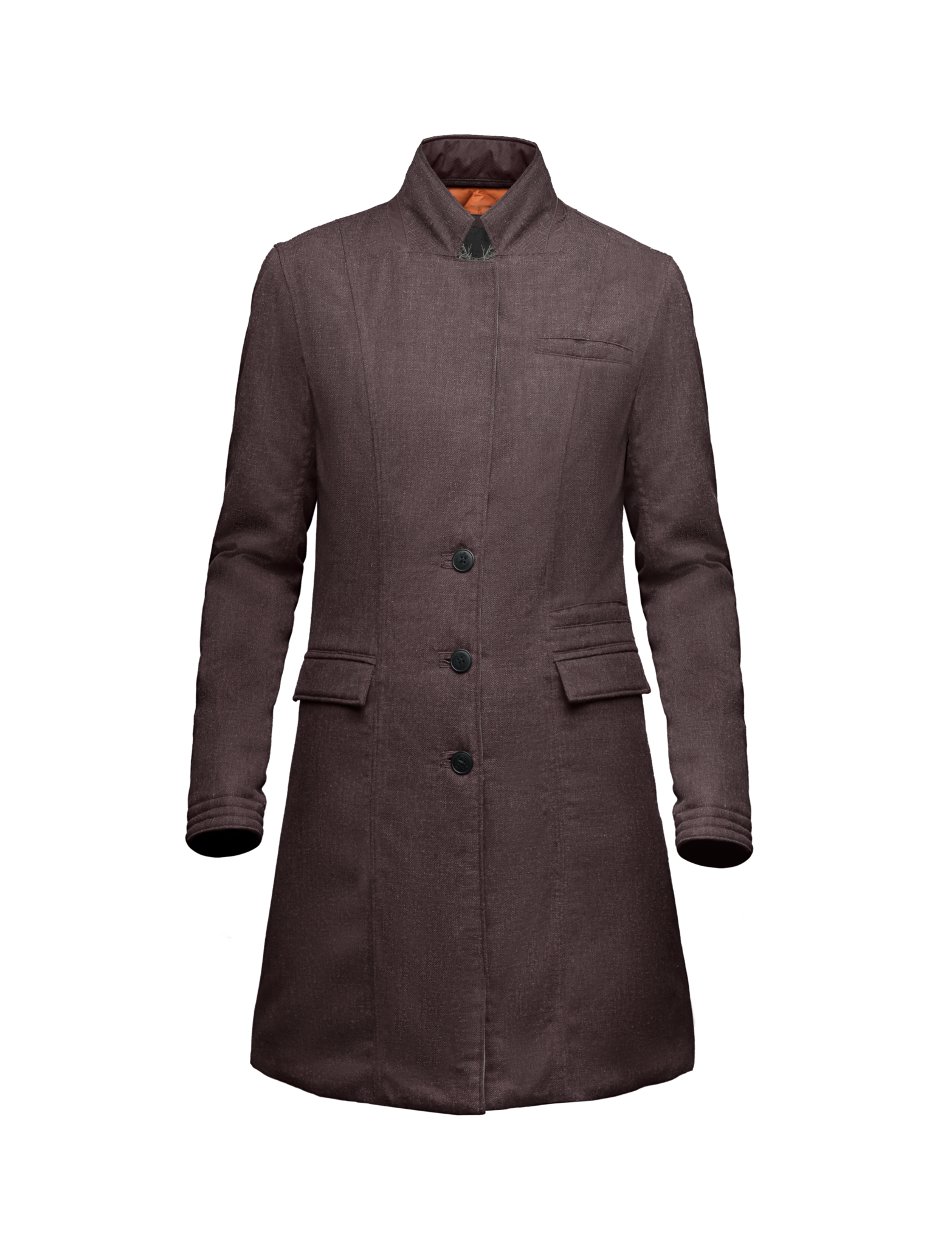 Women's mid length down filled overcoat in H. Burgundy