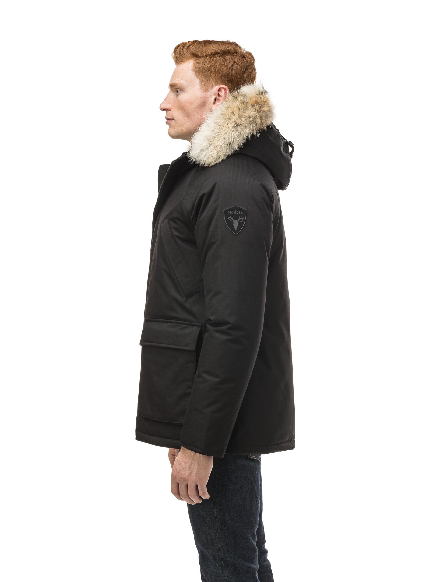 Men's waist length down filled jacket with two front pockets with magnetic closure and a removable fur trim on the hood in CH Black