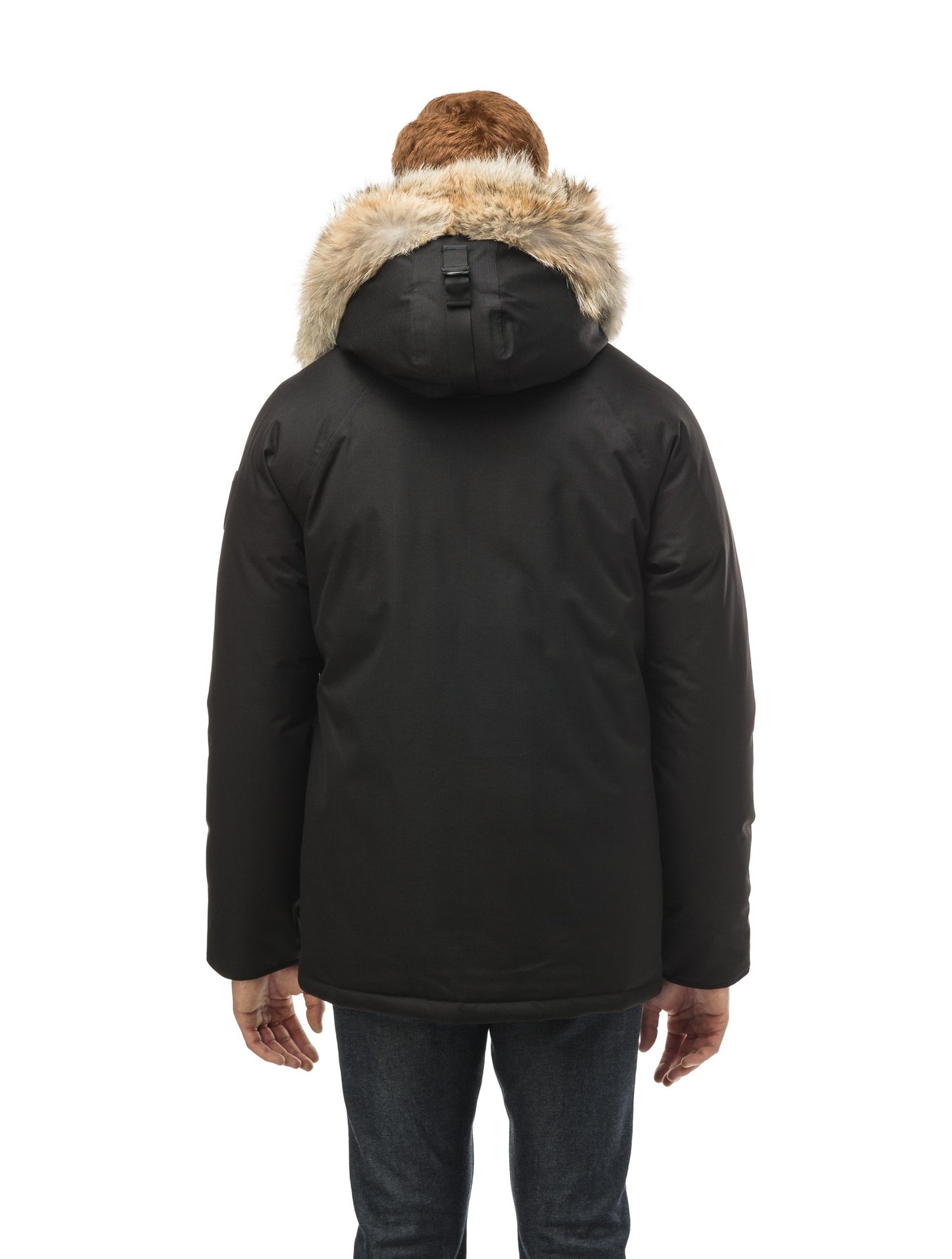 Men's waist length down filled jacket with two front pockets with magnetic closure and a removable fur trim on the hood in CH Black