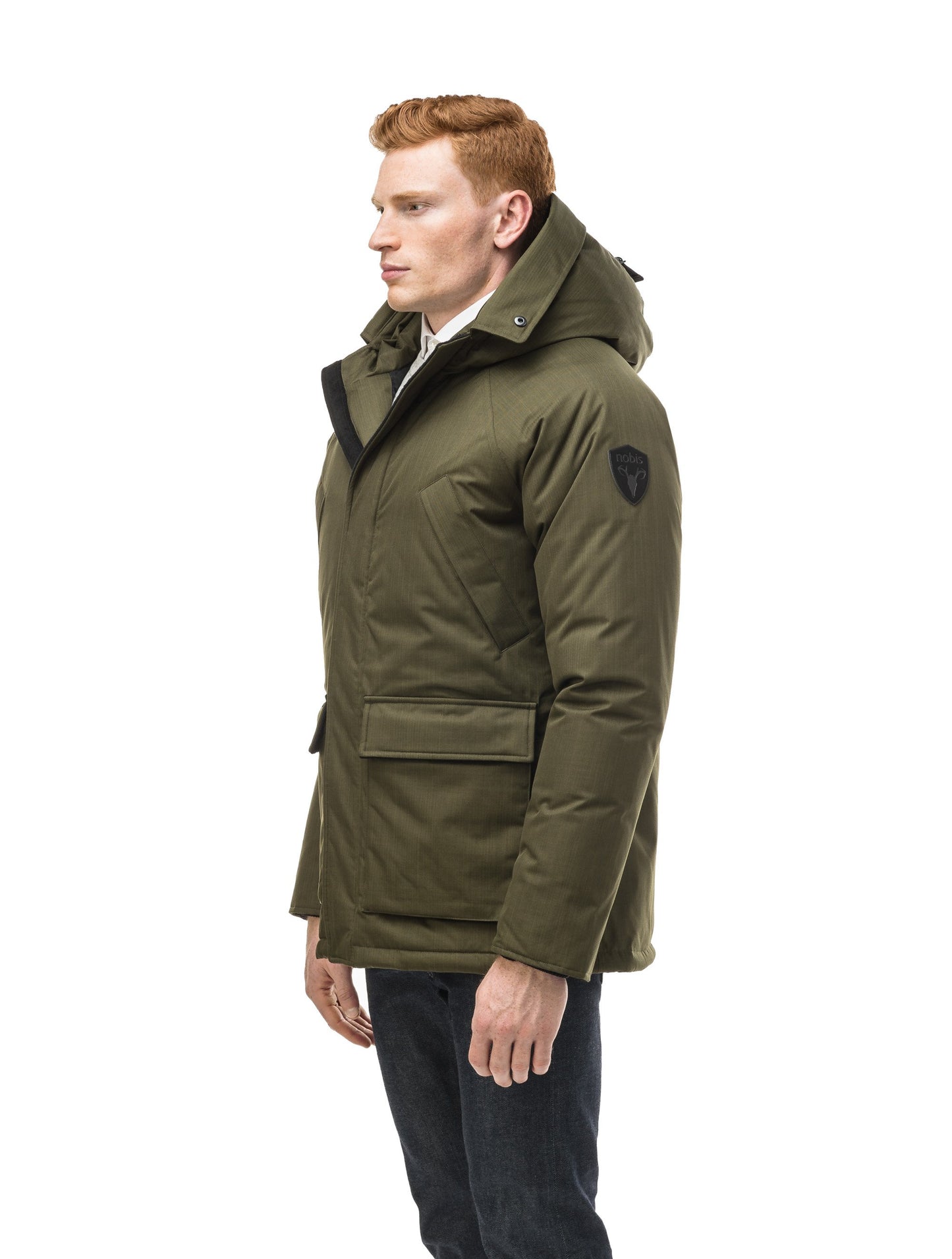 Men's waist length down filled jacket with two front pockets with magnetic closure and a removable fur trim on the hood in CH Fatigue