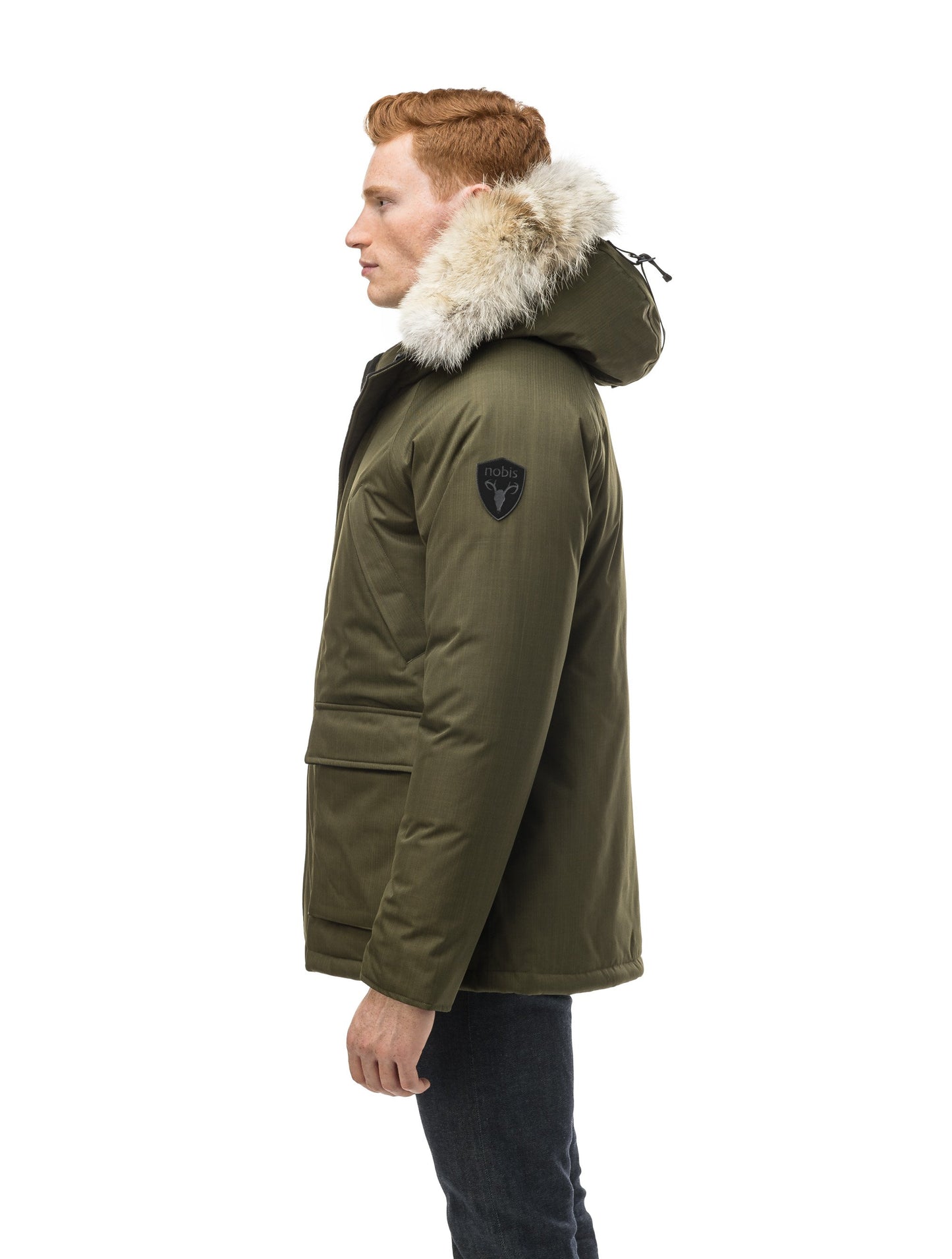 Men's waist length down filled jacket with two front pockets with magnetic closure and a removable fur trim on the hood in CH Fatigue