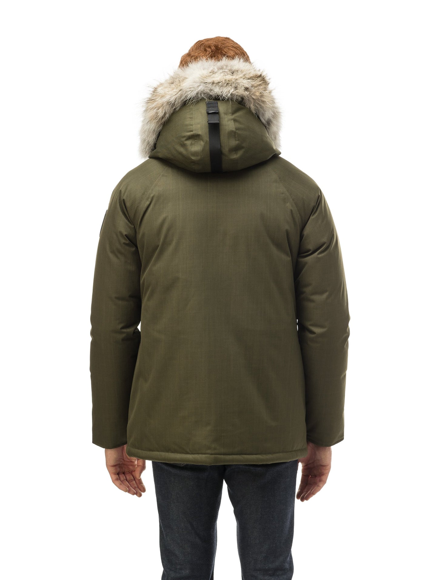 Men's waist length down filled jacket with two front pockets with magnetic closure and a removable fur trim on the hood in CH Fatigue