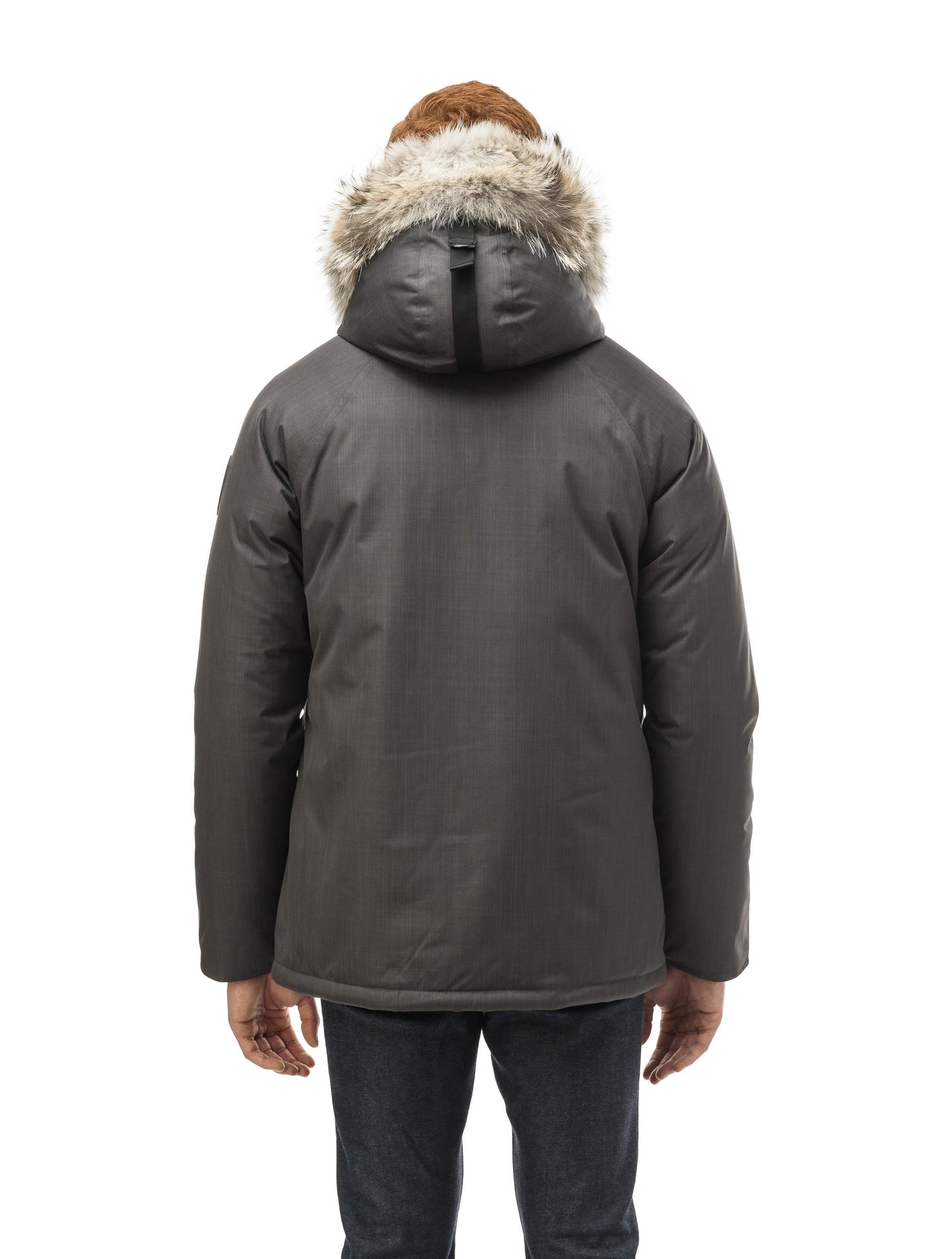 Men's waist length down filled jacket with two front pockets with magnetic closure and a removable fur trim on the hood in CH Steel Grey