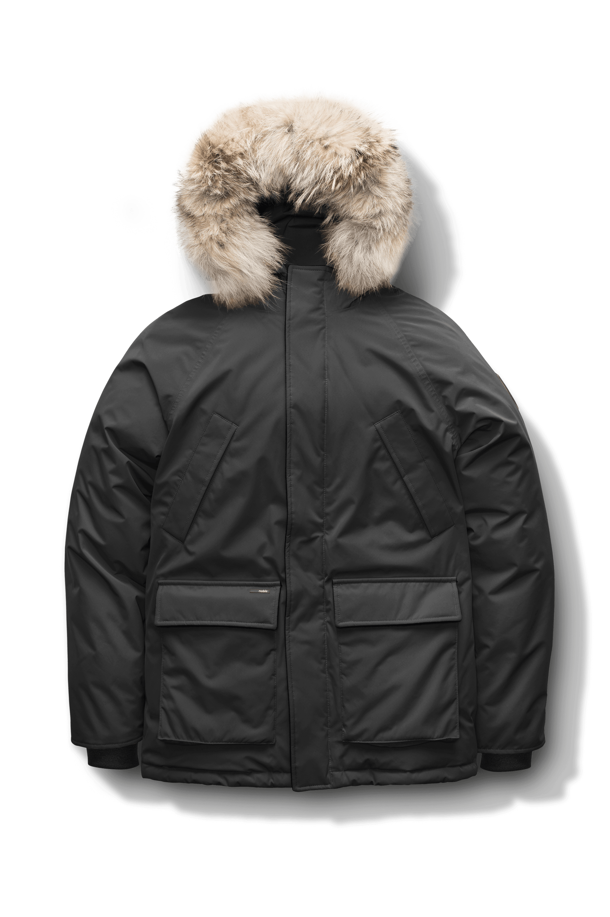 Men's waist length down filled jacket with two front pockets with magnetic closure and a removable fur trim on the hood in CH Black