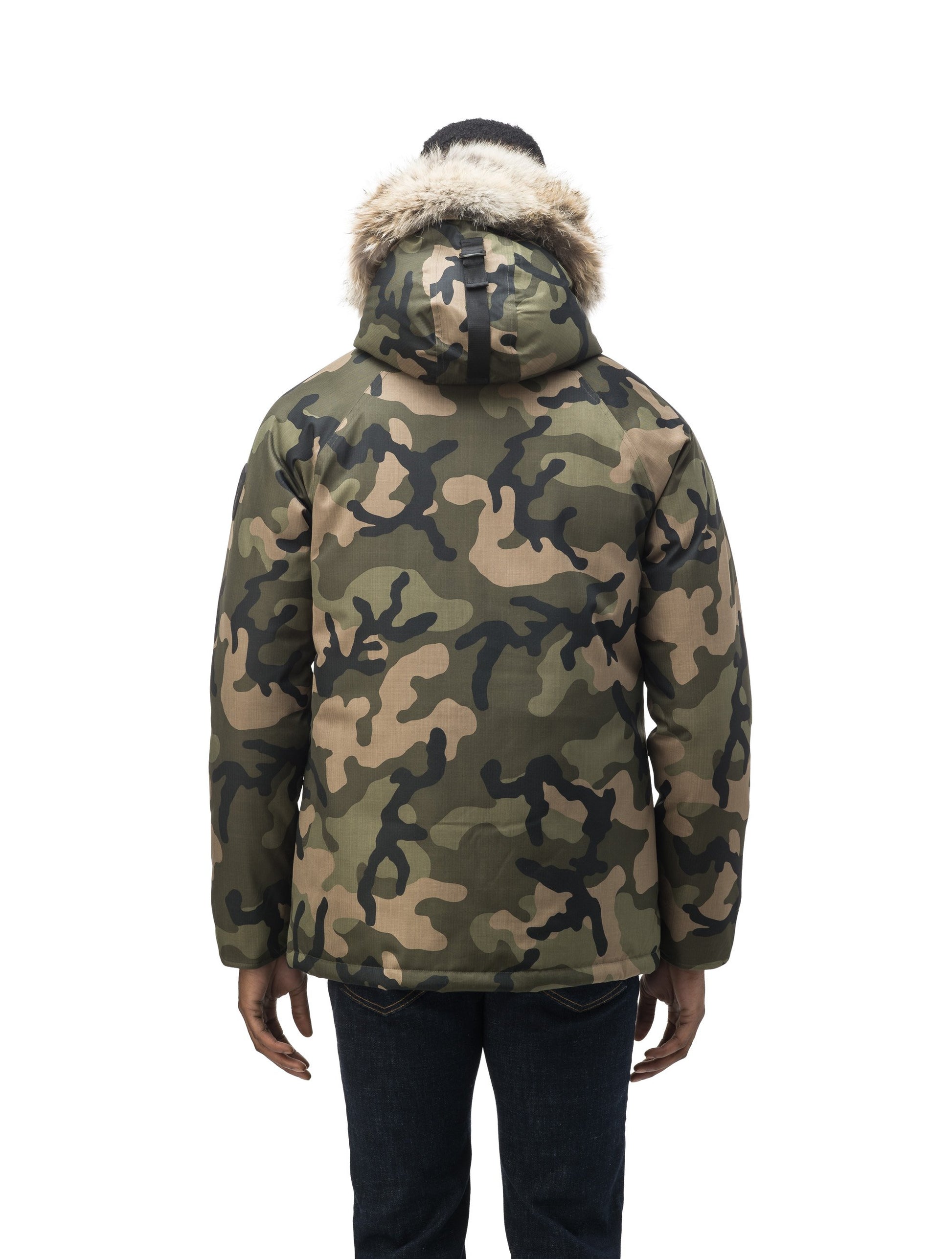 Men's waist length down filled jacket with two front pockets with magnetic closure and a removable fur trim on the hood in CH Camo