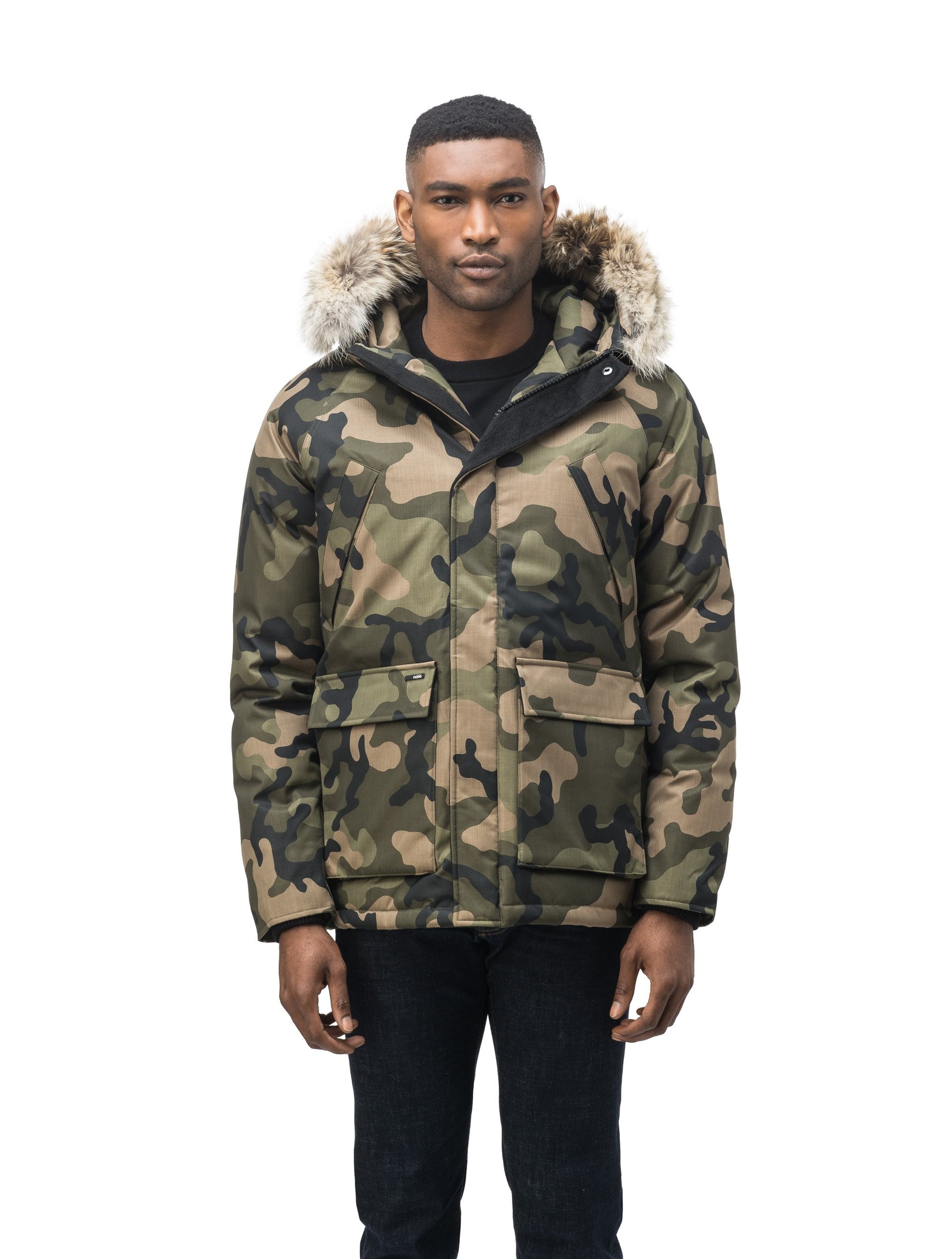 Men's waist length down filled jacket with two front pockets with magnetic closure and a removable fur trim on the hood in CH Camo