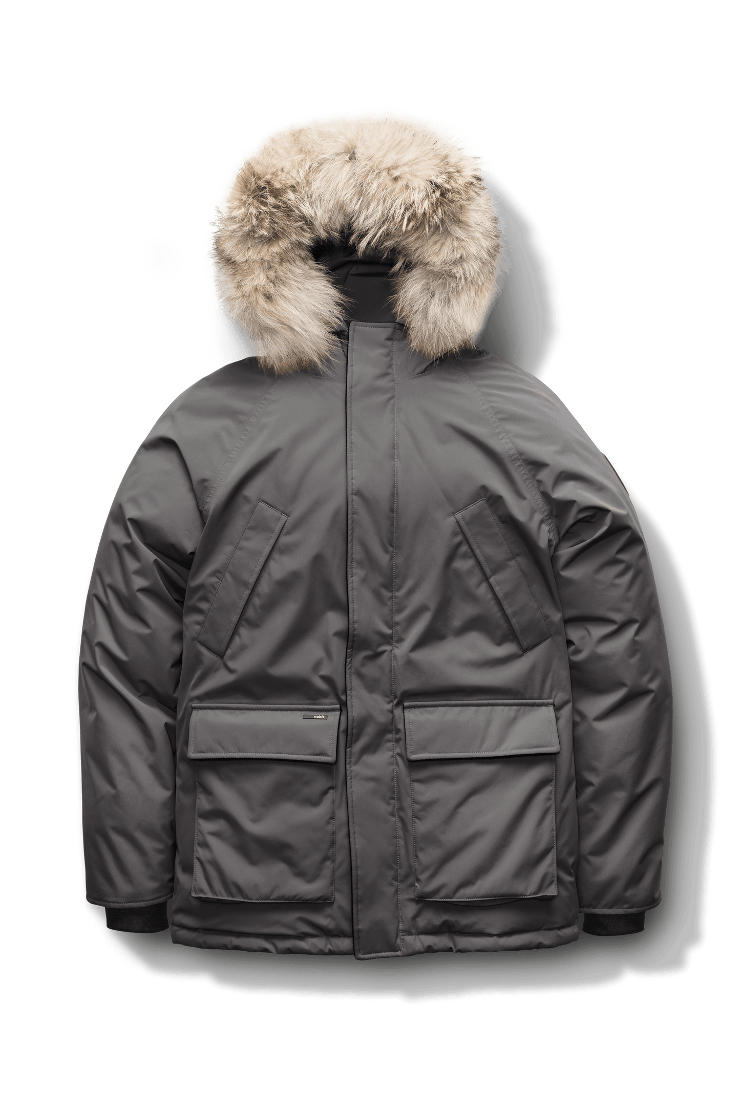 Men's waist length down filled jacket with two front pockets with magnetic closure and a removable fur trim on the hood in CH Steel Grey