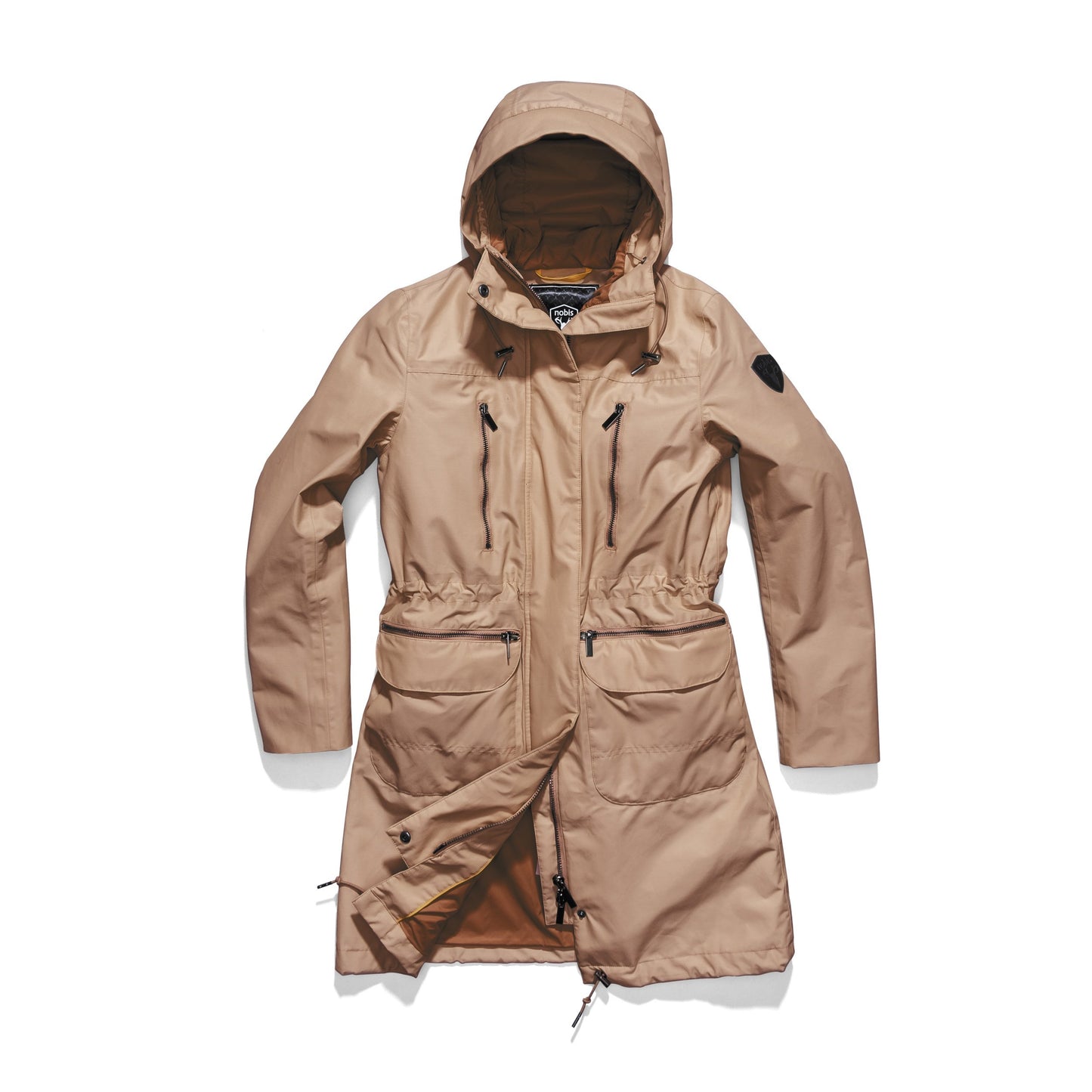 Women's knee length anorak with four front pockets and adjustable cord waist in Fawn