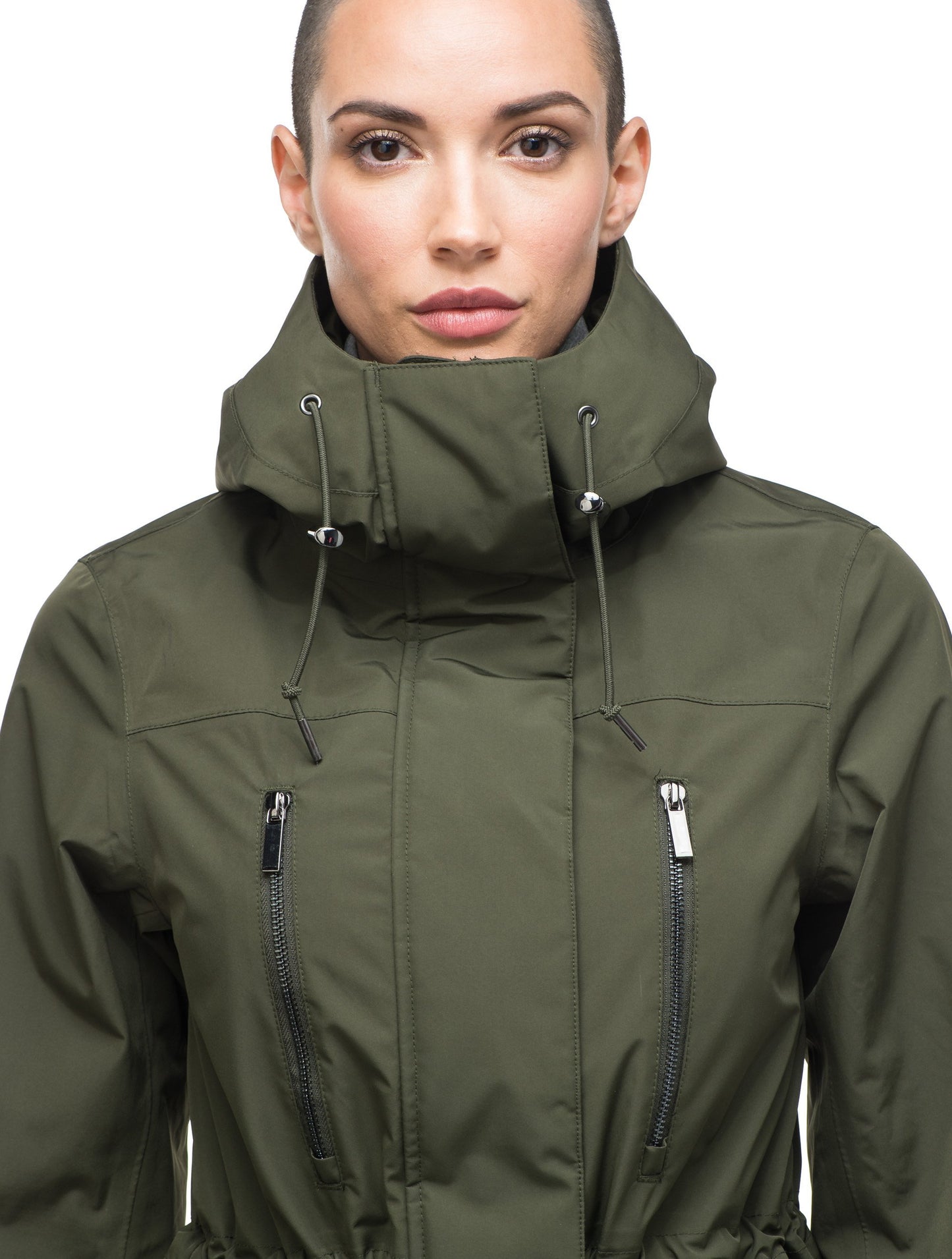 Women's knee length anorak with four front pockets and adjustable cord waist in Fatigue