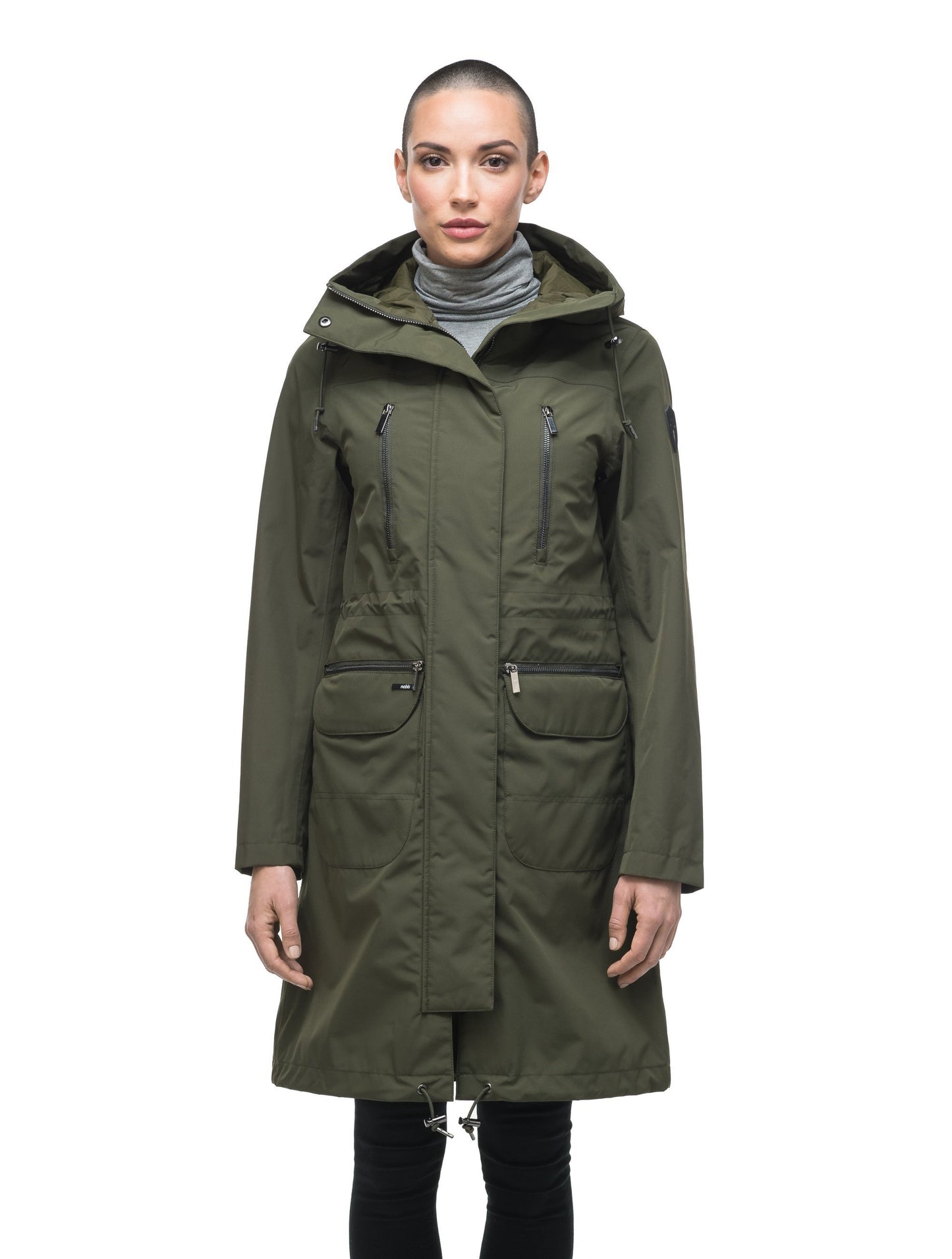 Women's knee length anorak with four front pockets and adjustable cord waist in Fatigue