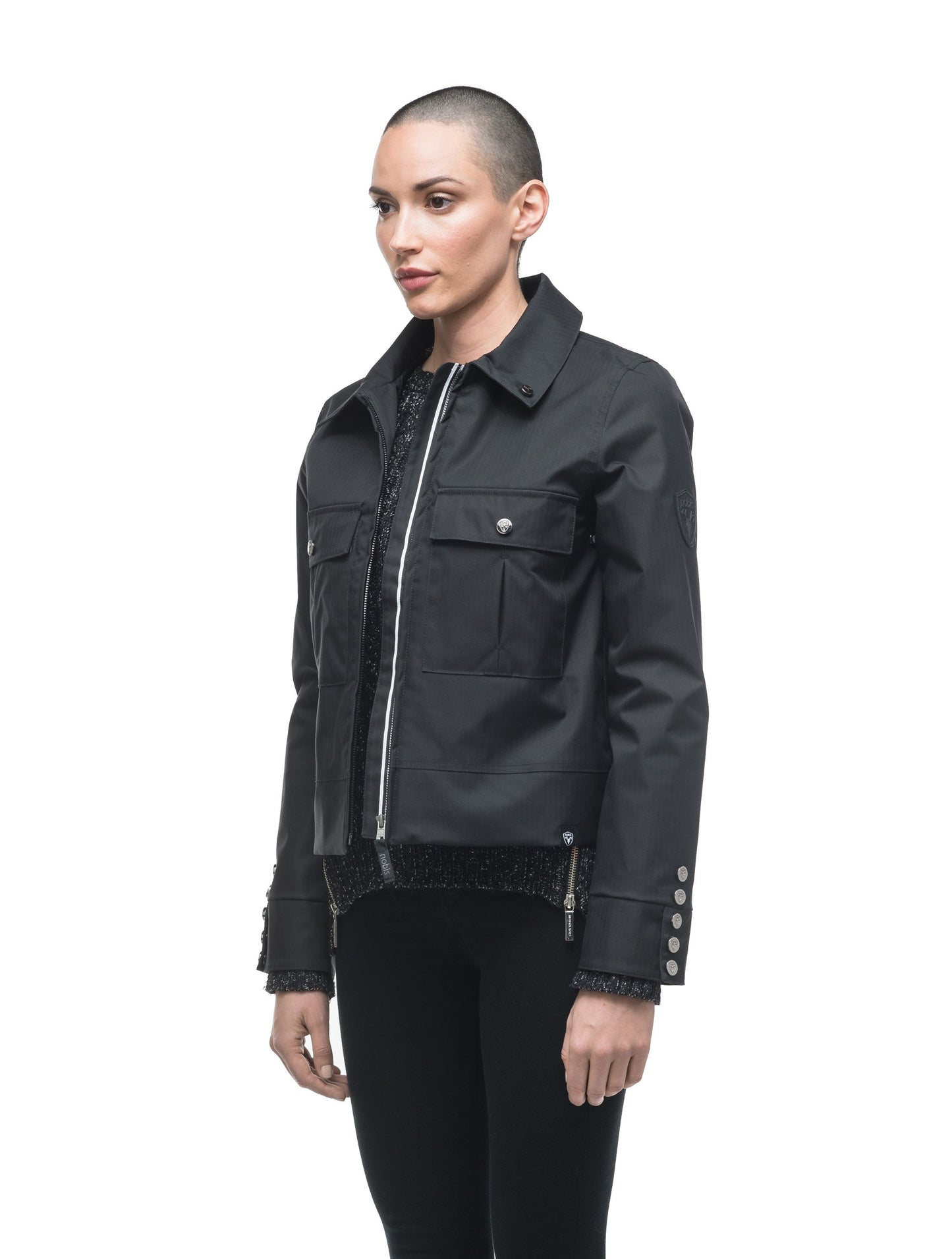 Women's cropped military inspired jacket with shirt collar detail in Black