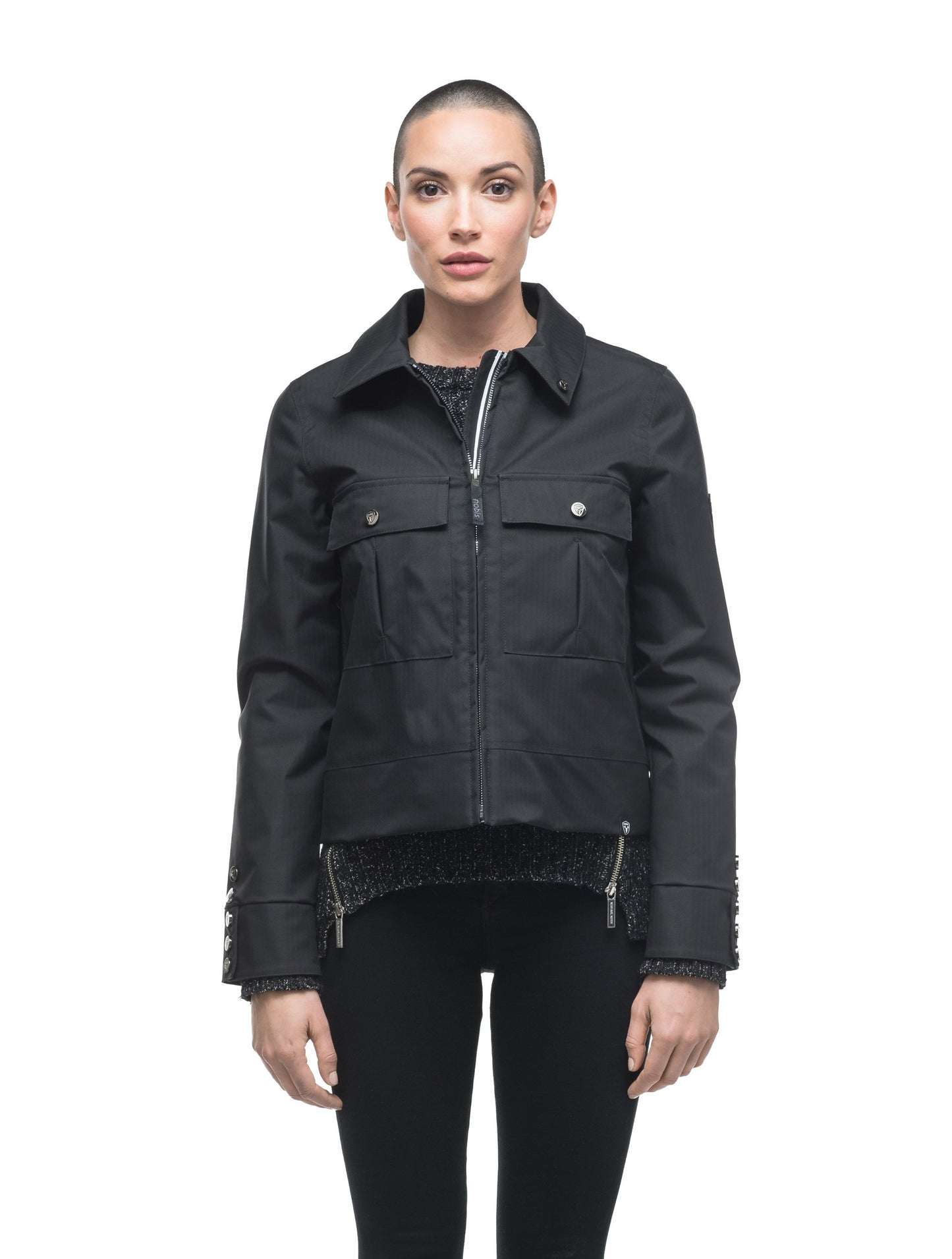 Women's cropped military inspired jacket with shirt collar detail in Black