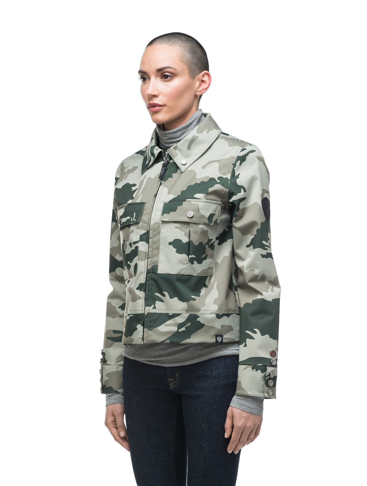 Women's cropped military inspired jacket with shirt collar detail in Army Green Camo