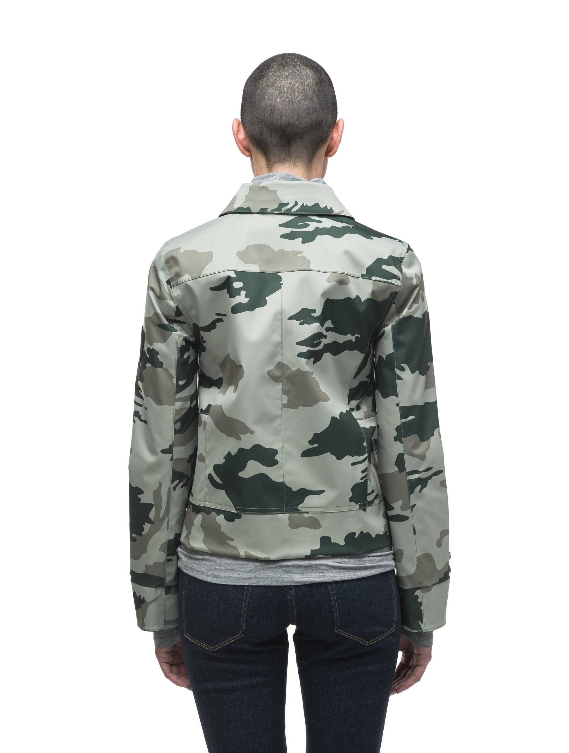 Women's cropped military inspired jacket with shirt collar detail in Army Green Camo