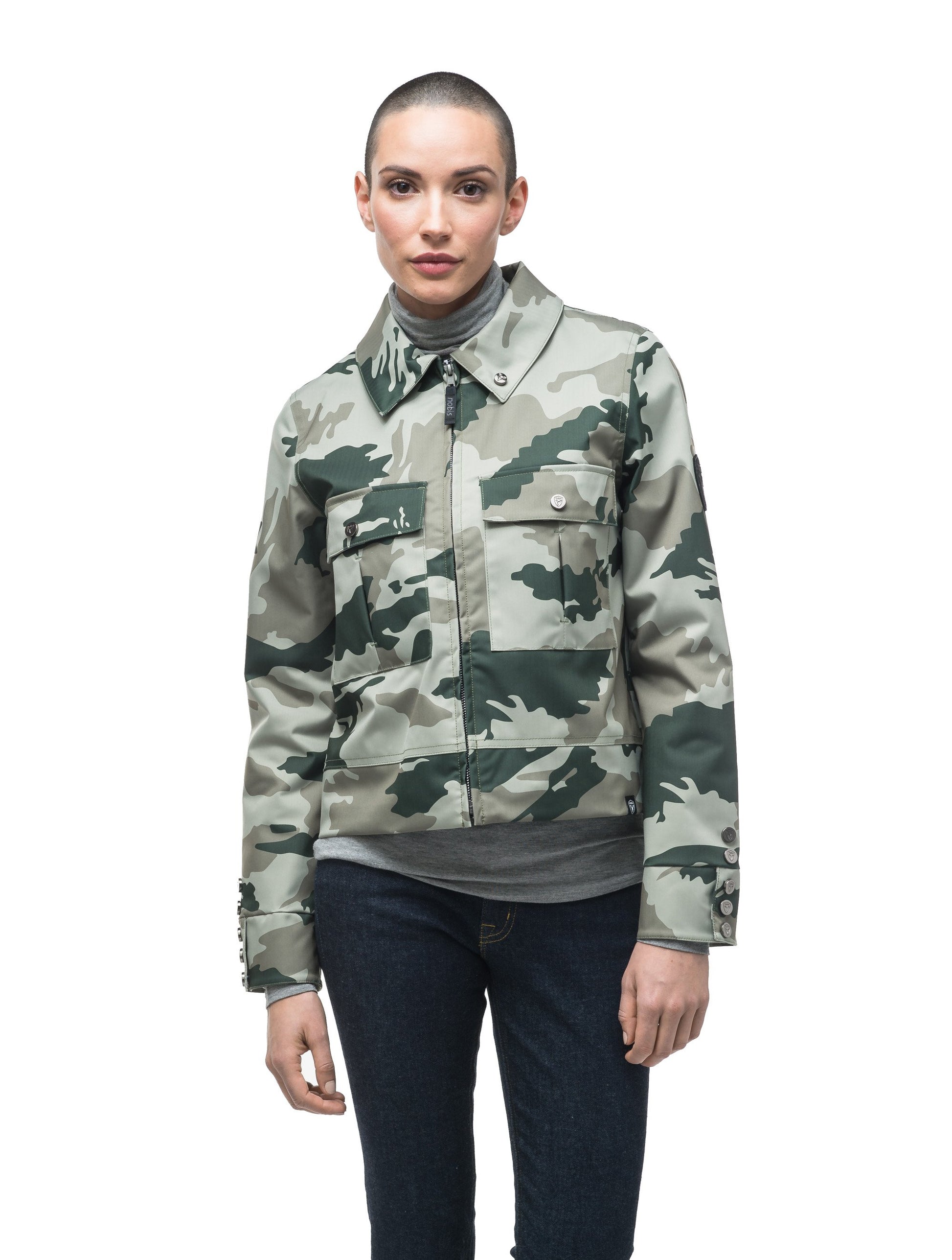 Women's cropped military inspired jacket with shirt collar detail in Army Green Camo