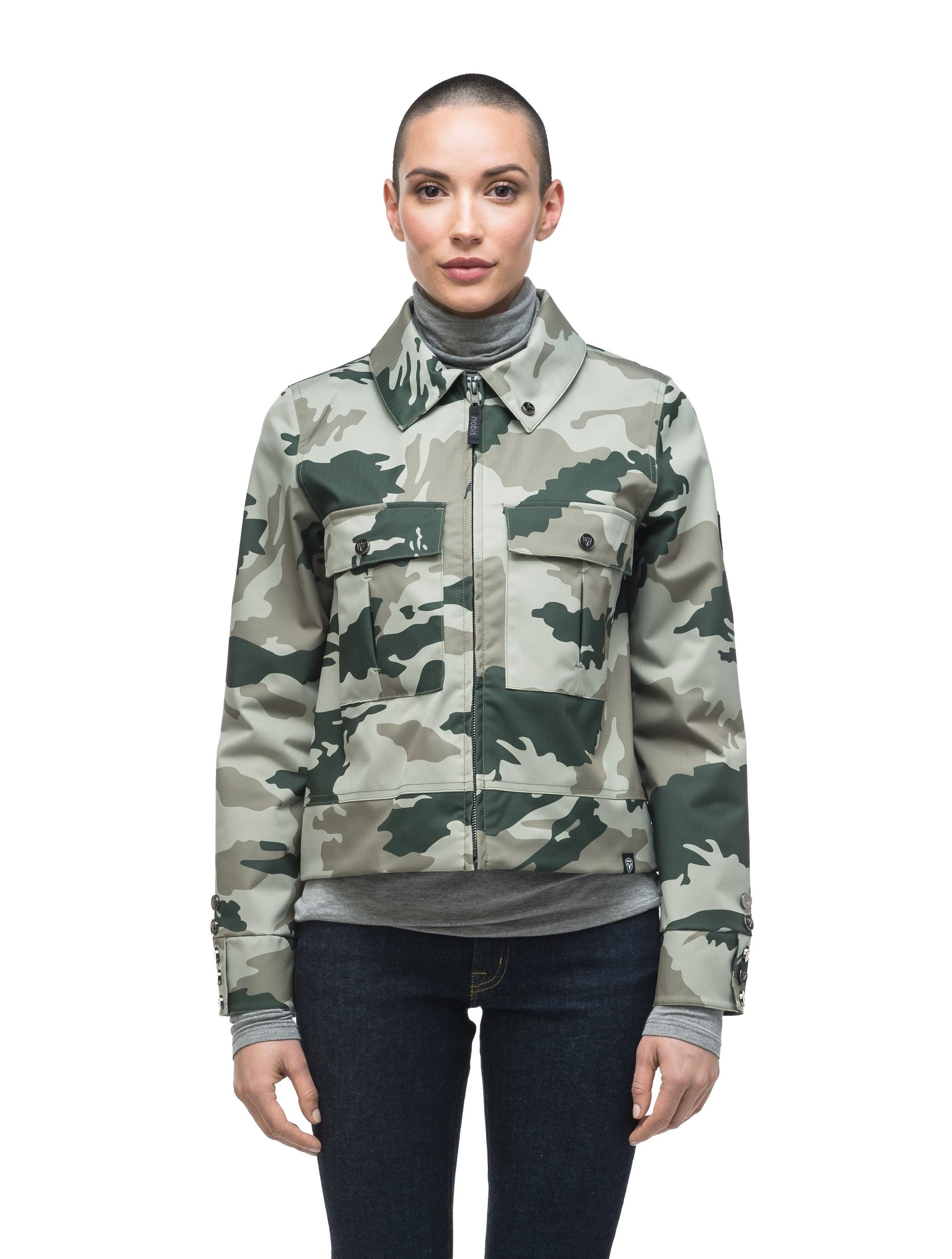 Women's cropped military inspired jacket with shirt collar detail in Army Green Camo