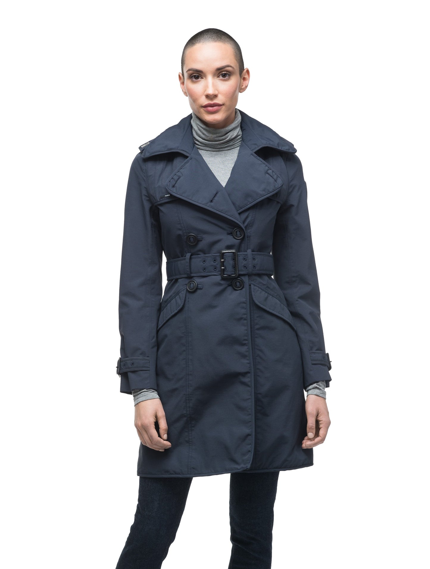 Women's classic trench coat that falls just above the knee in Navy