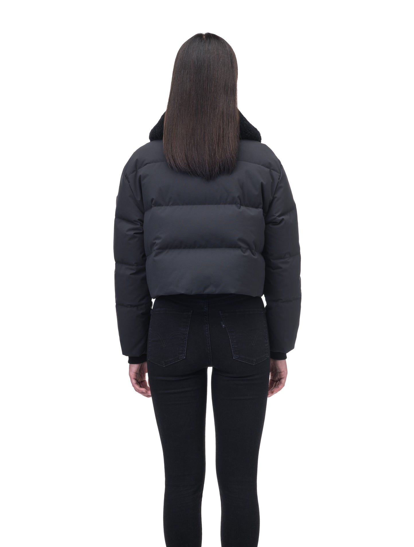 Forma Ladies 2-in-1 Long Quilted Jacket in below the knee length, quilted body, soft ribbed cuffs, removable shearling collar and pockets, and removable cinchable skirt, in Black