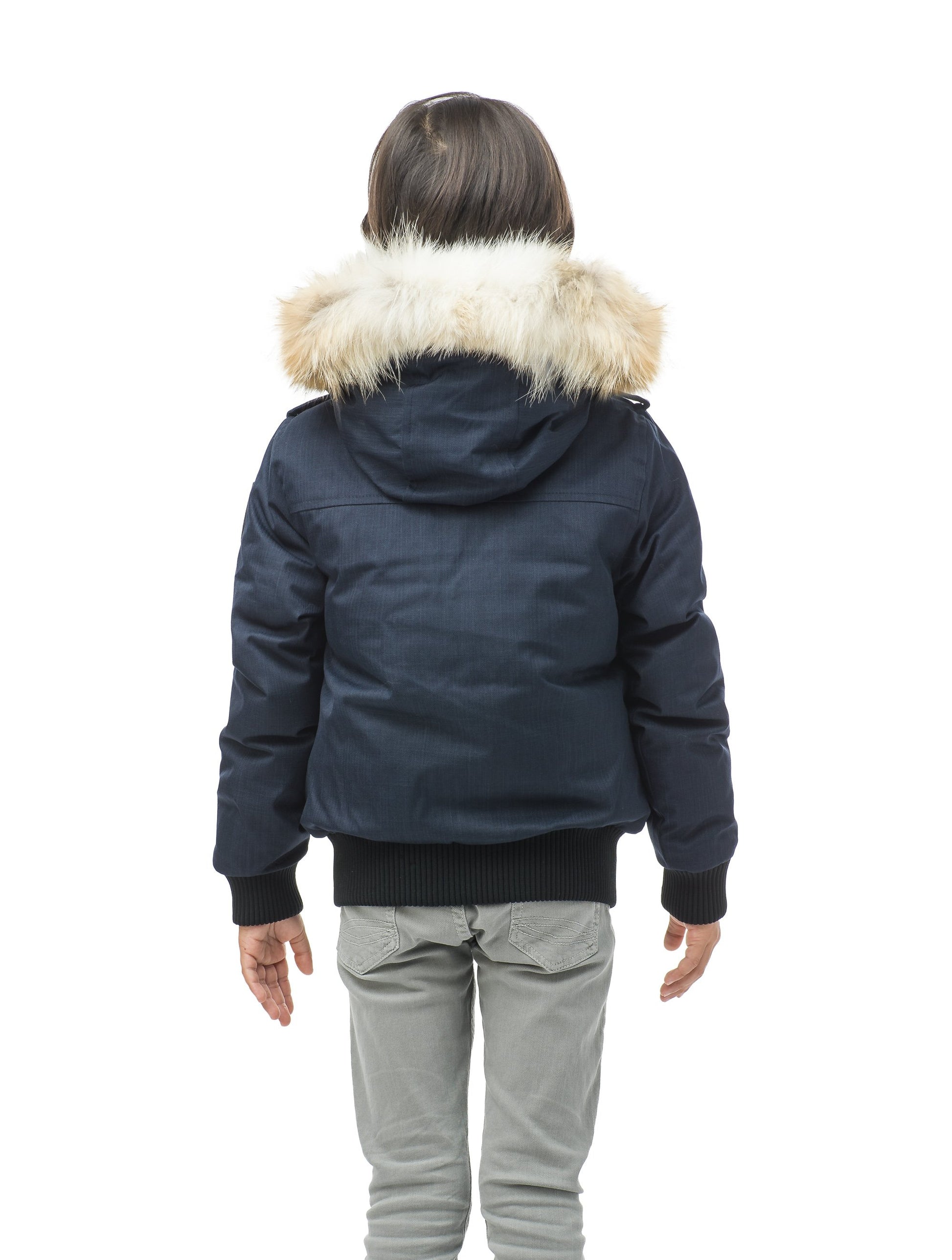 Kid's waist length down bomber jacket with fur trim hood in CH Navy