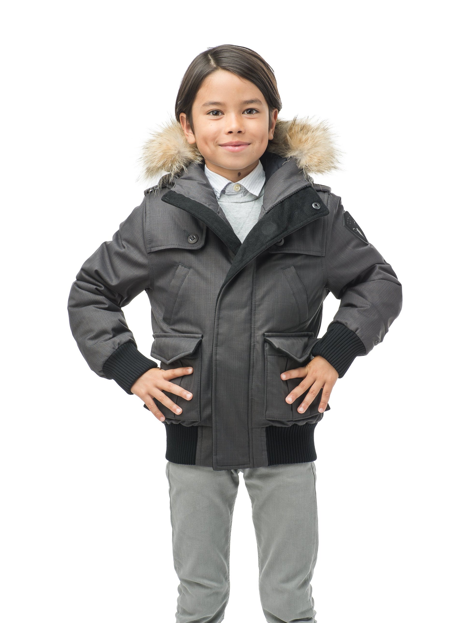 Kid's waist length down bomber jacket with fur trim hood in CH Steel Grey