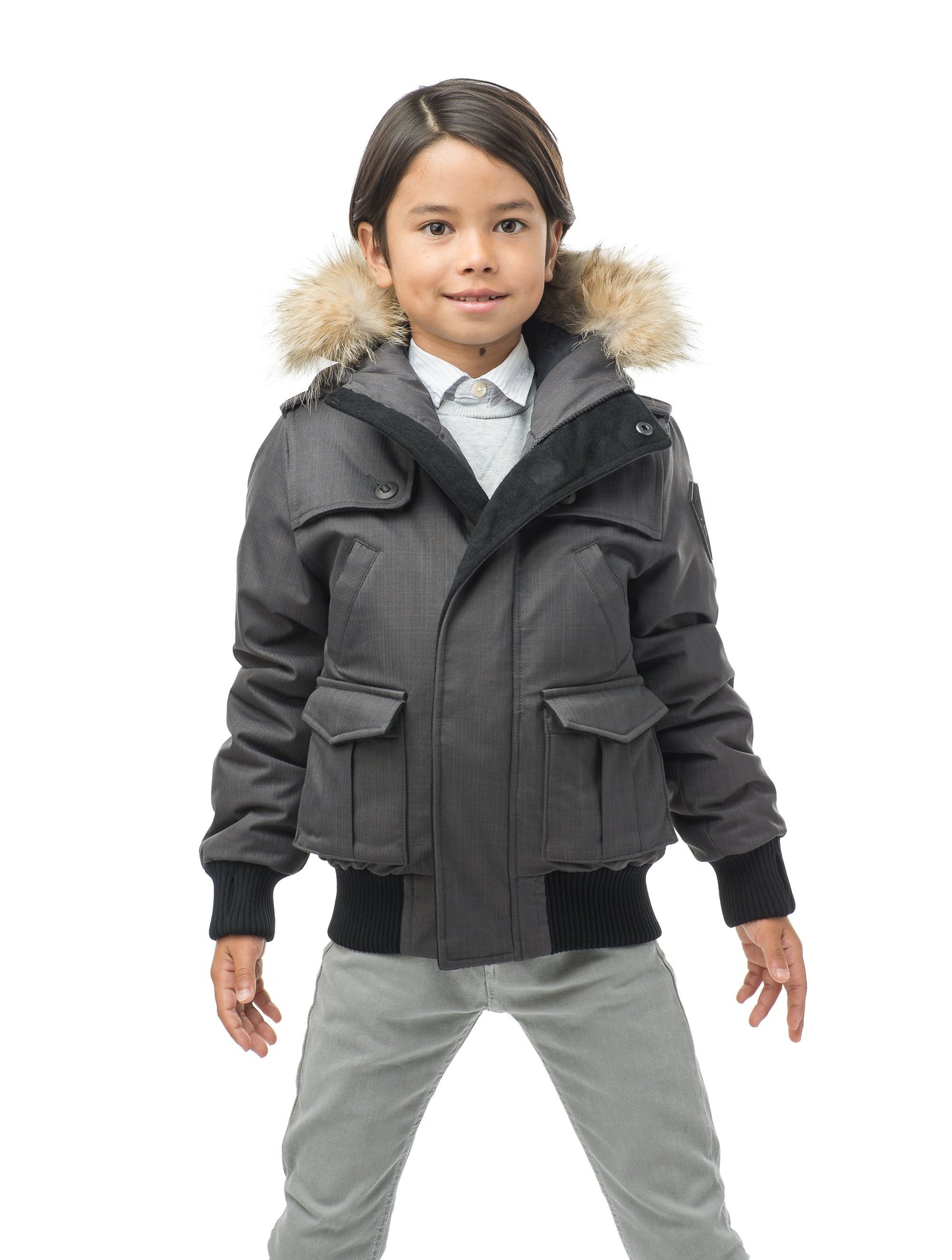 Kid's waist length down bomber jacket with fur trim hood in CH Steel Grey