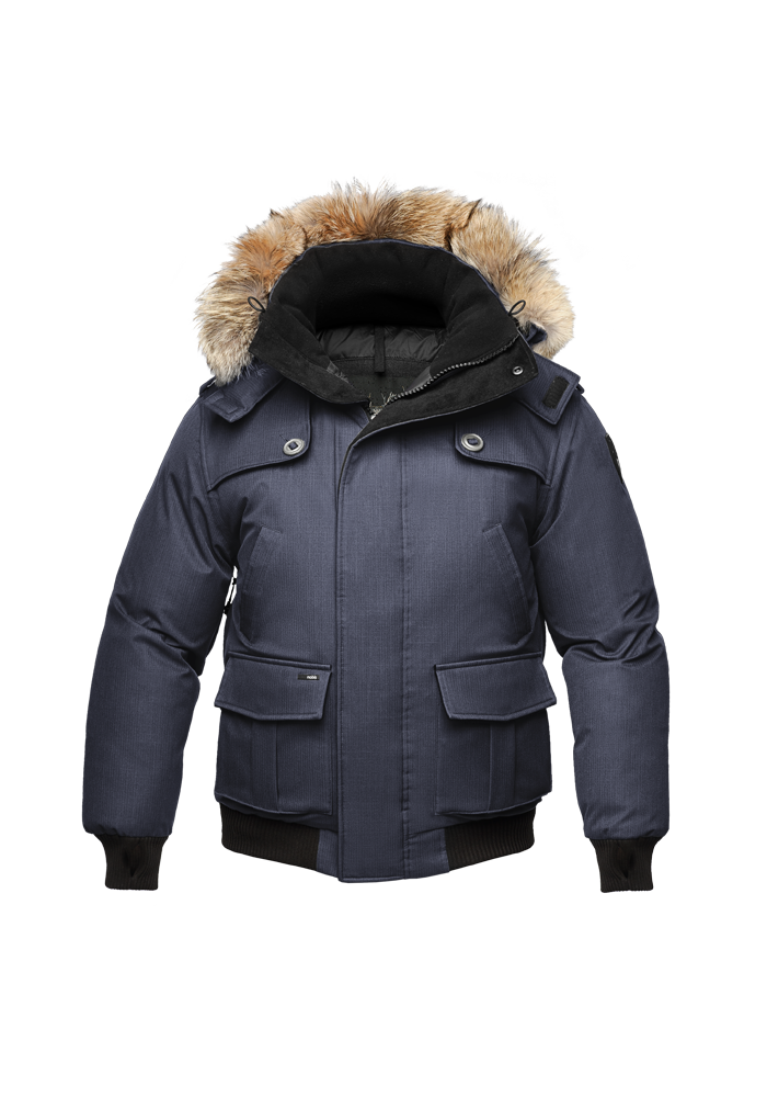 Kid's waist length down bomber jacket with fur trim hood in CH Navy