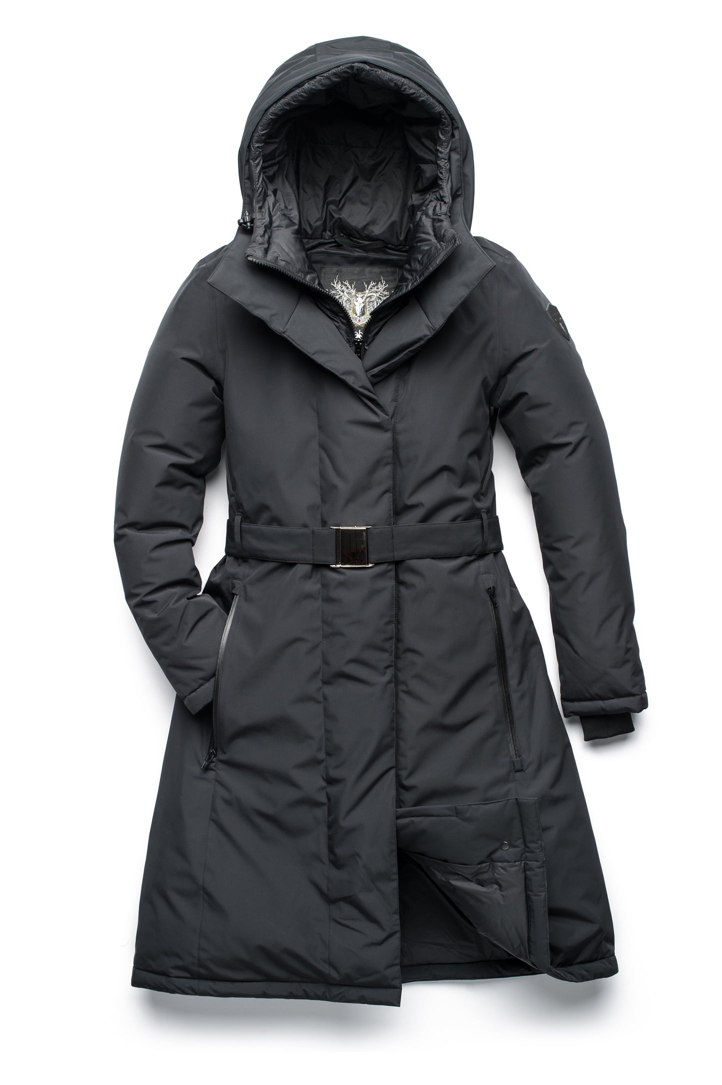 Long calf length hooded women's winter parka with an inner hip length closure, exterior hem length zipper and magentic placket in Black