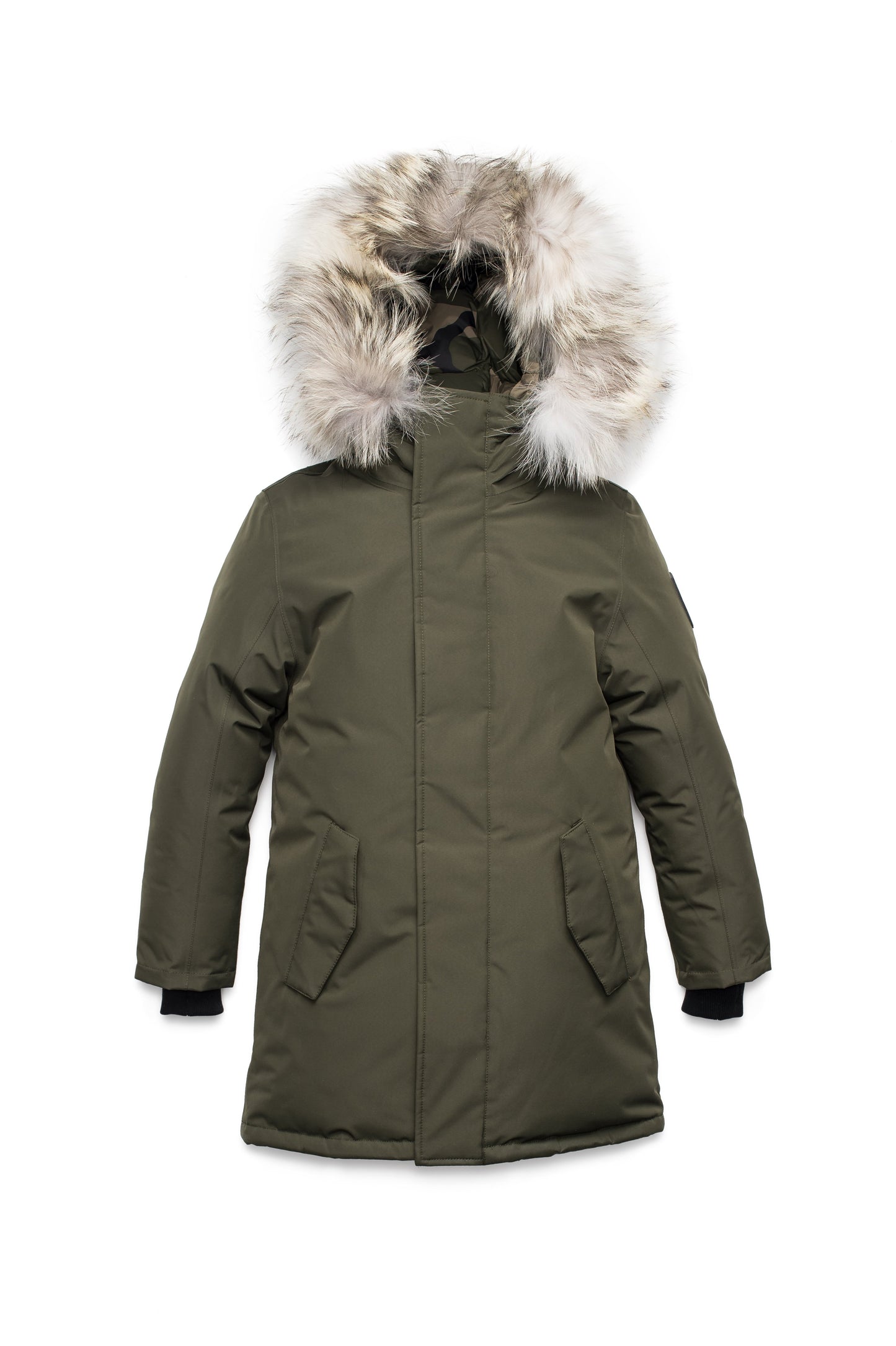 Kids' thigh length down-filled parka with non-removable hood and removable coyote fur trim in Fatigue